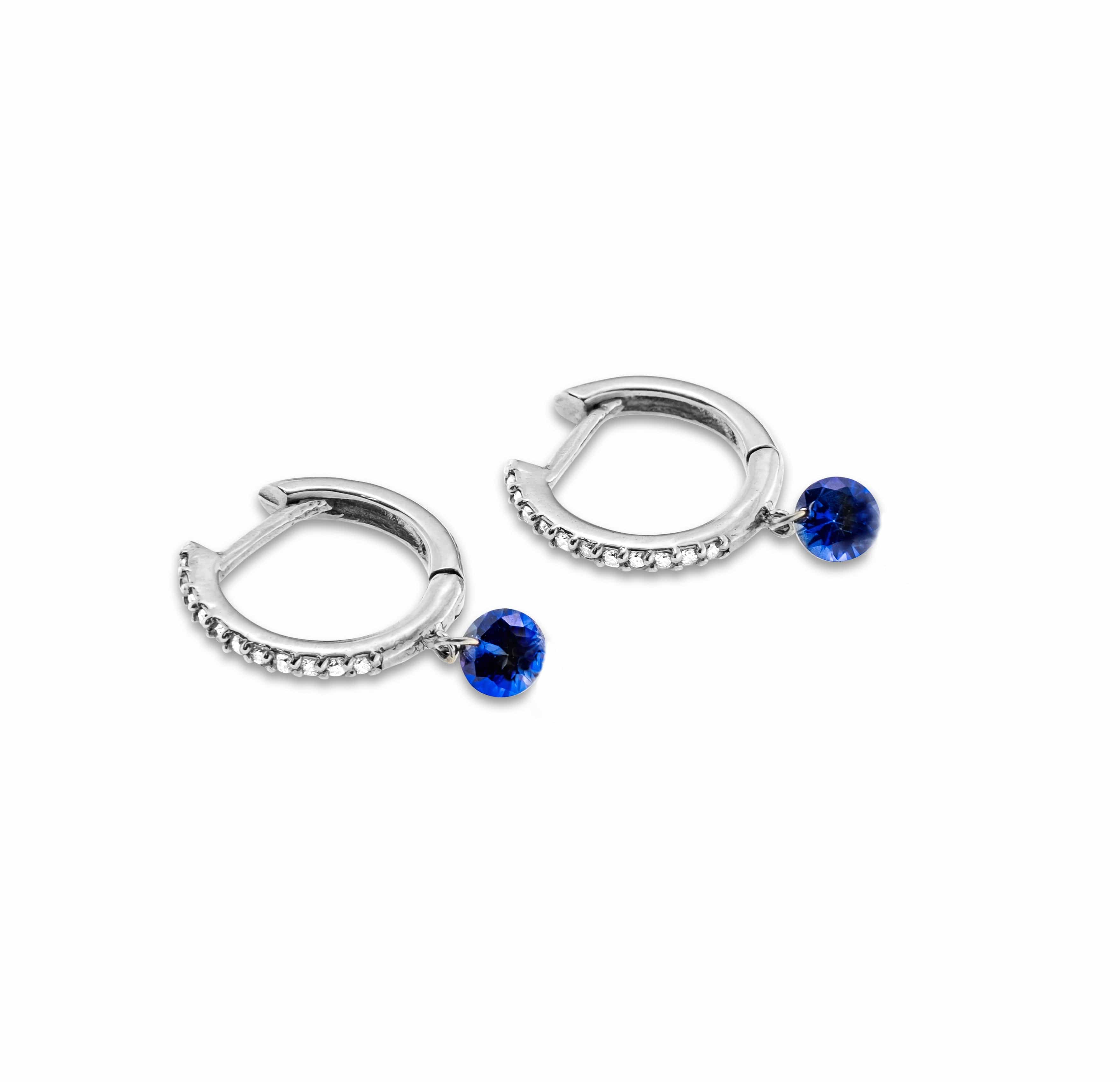 Earrings White Gold 18K Gold Drilled Blue Sapphire Huggie Hoops Earrings