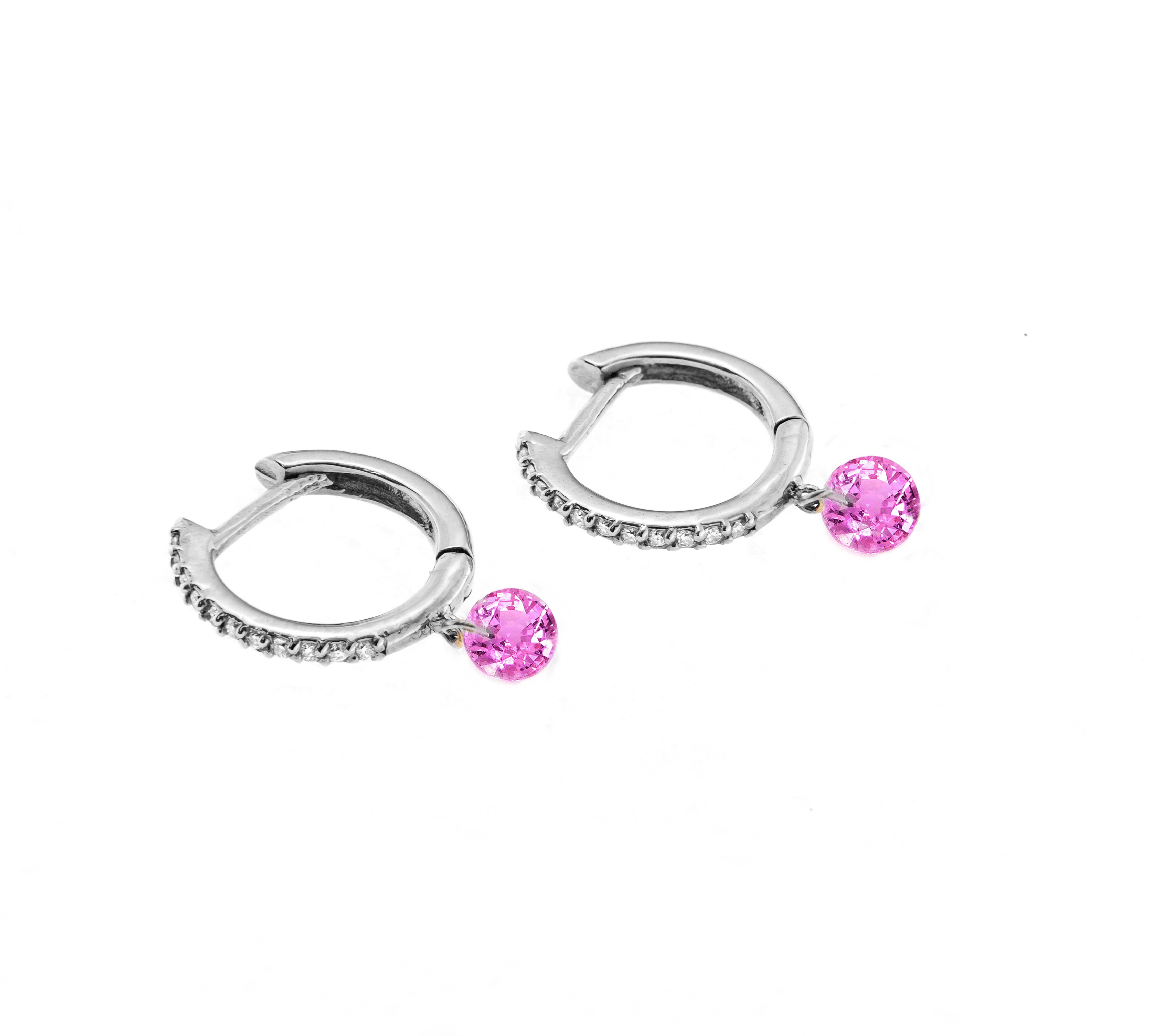 Earrings White Gold 18K Gold Drilled Pink Sapphire Huggie Hoops Earrings