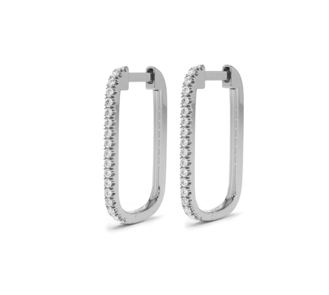 Earrings White Gold Large Rectangle Micro-Pave Diamond Hoop Earrings, Single Diamond Row