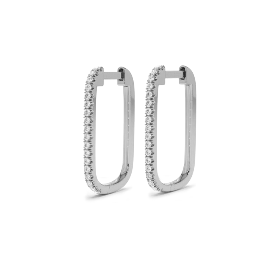 Earrings White Gold Large Rectangle Micro-Pave Diamond Hoop Earrings, Single Diamond Row