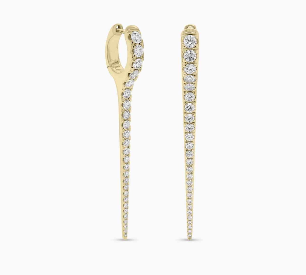 Earrings Yellow Gold 14K Gold and Diamond Dagger Hoops Earrings, Long, Single Row Diamonds