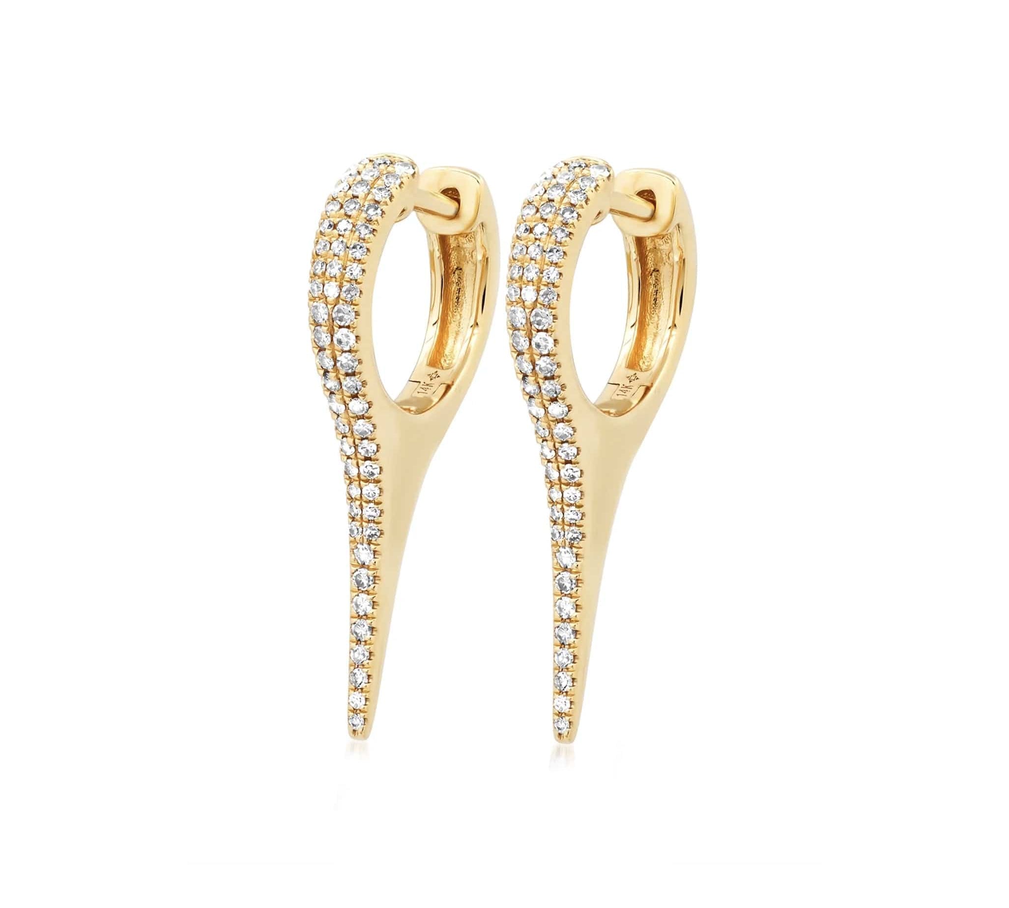 Earrings Yellow Gold 14K Gold and "Pave" Diamond Dagger Hoops Earrings, Large