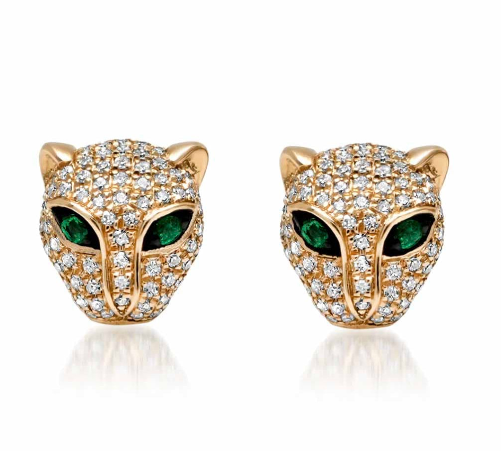 Earrings Yellow Gold 14K Gold Panther Stud Earrings with Emerald Eyes