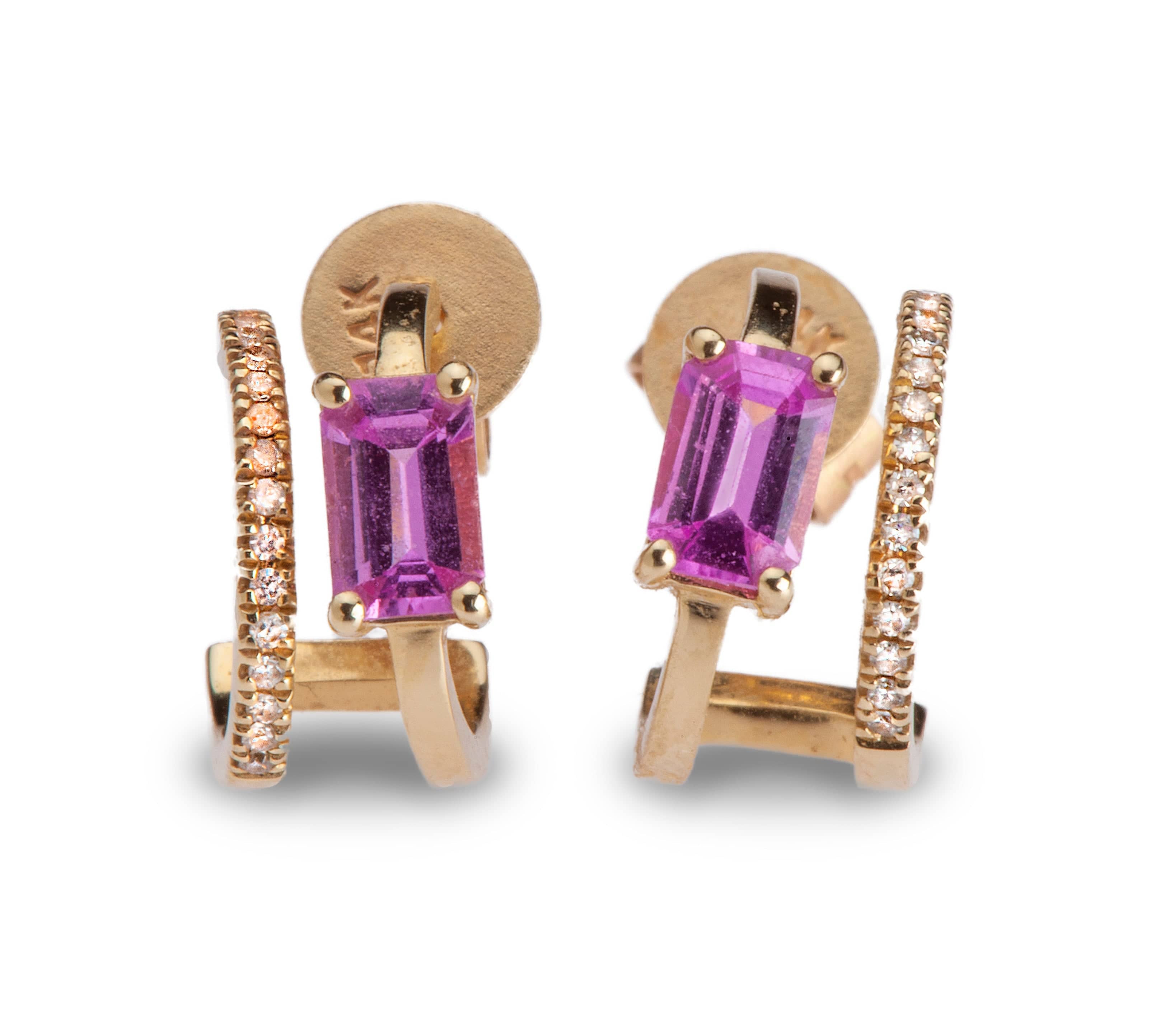 Earrings Yellow Gold 14K Gold, Pink Sapphire, and Diamond Double Hoop Earrings