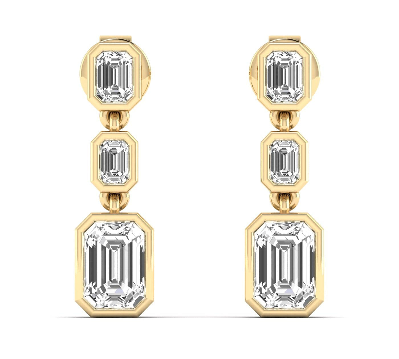 Earrings Yellow Gold / 14K Trio Emerald Cut Diamond Bezel Set Drop Earrings, Lab Grown