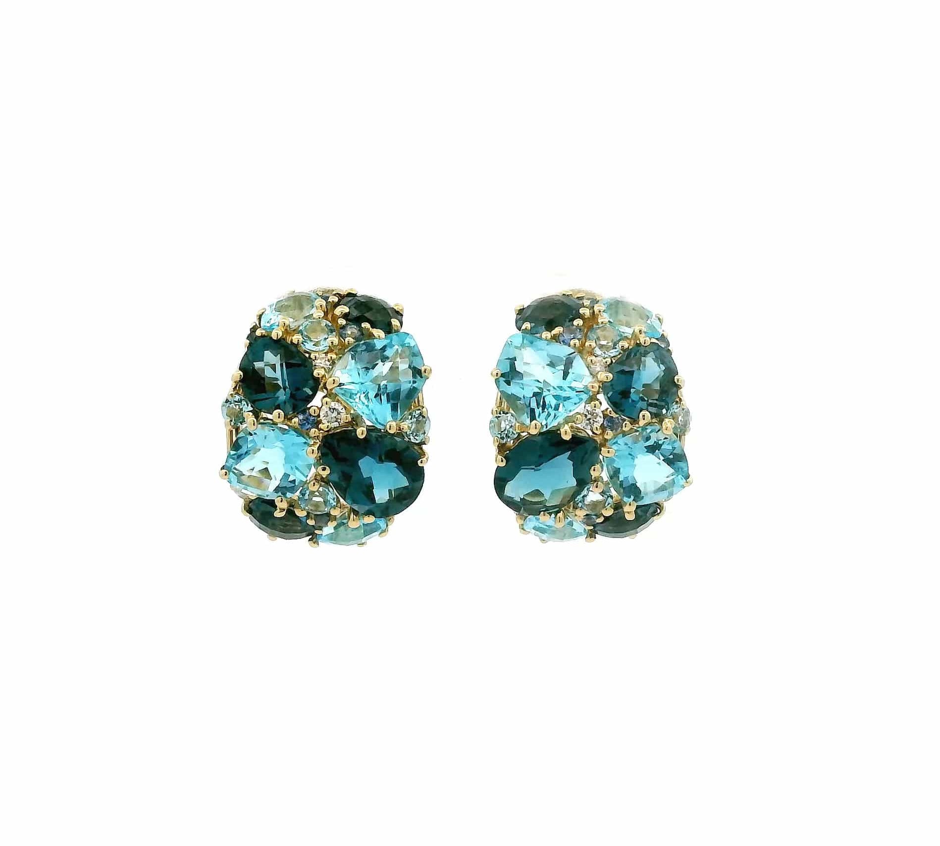 Earrings Yellow Gold 18K Blue Topaz, London Blue Topaz, Blue Sapphire and Diamond Drop Earrings