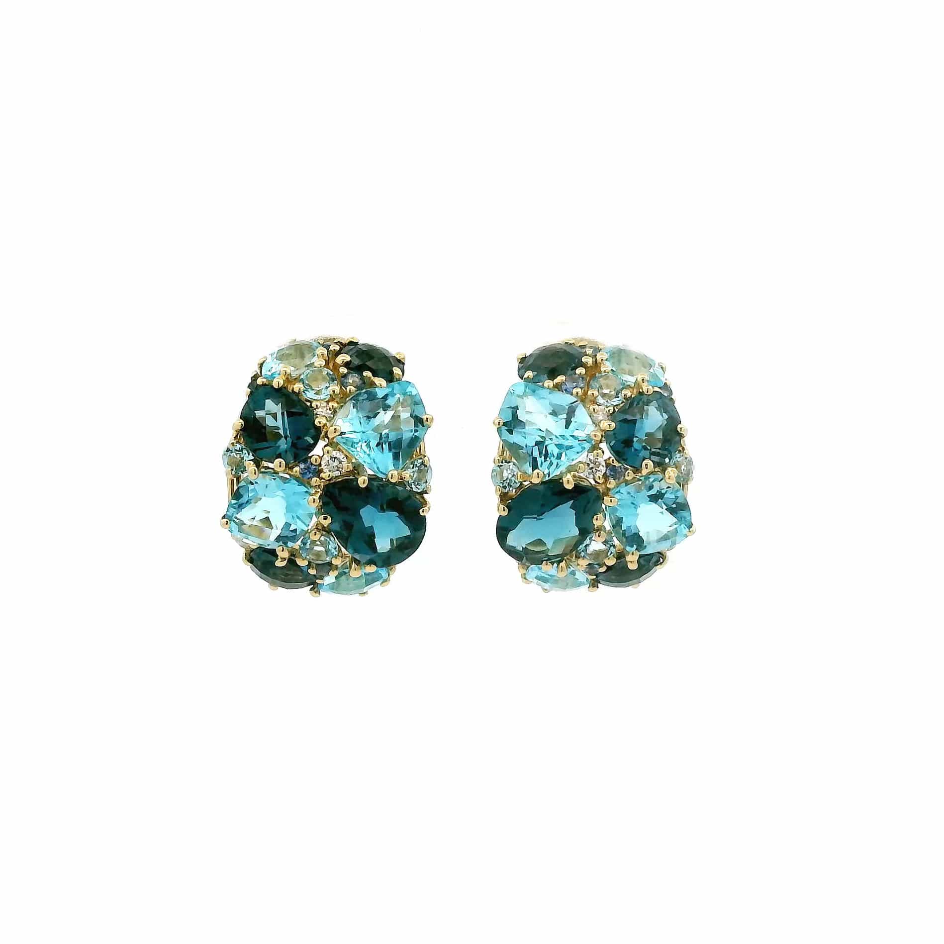Earrings Yellow Gold 18K Blue Topaz, London Blue Topaz, Blue Sapphire and Diamond Drop Earrings