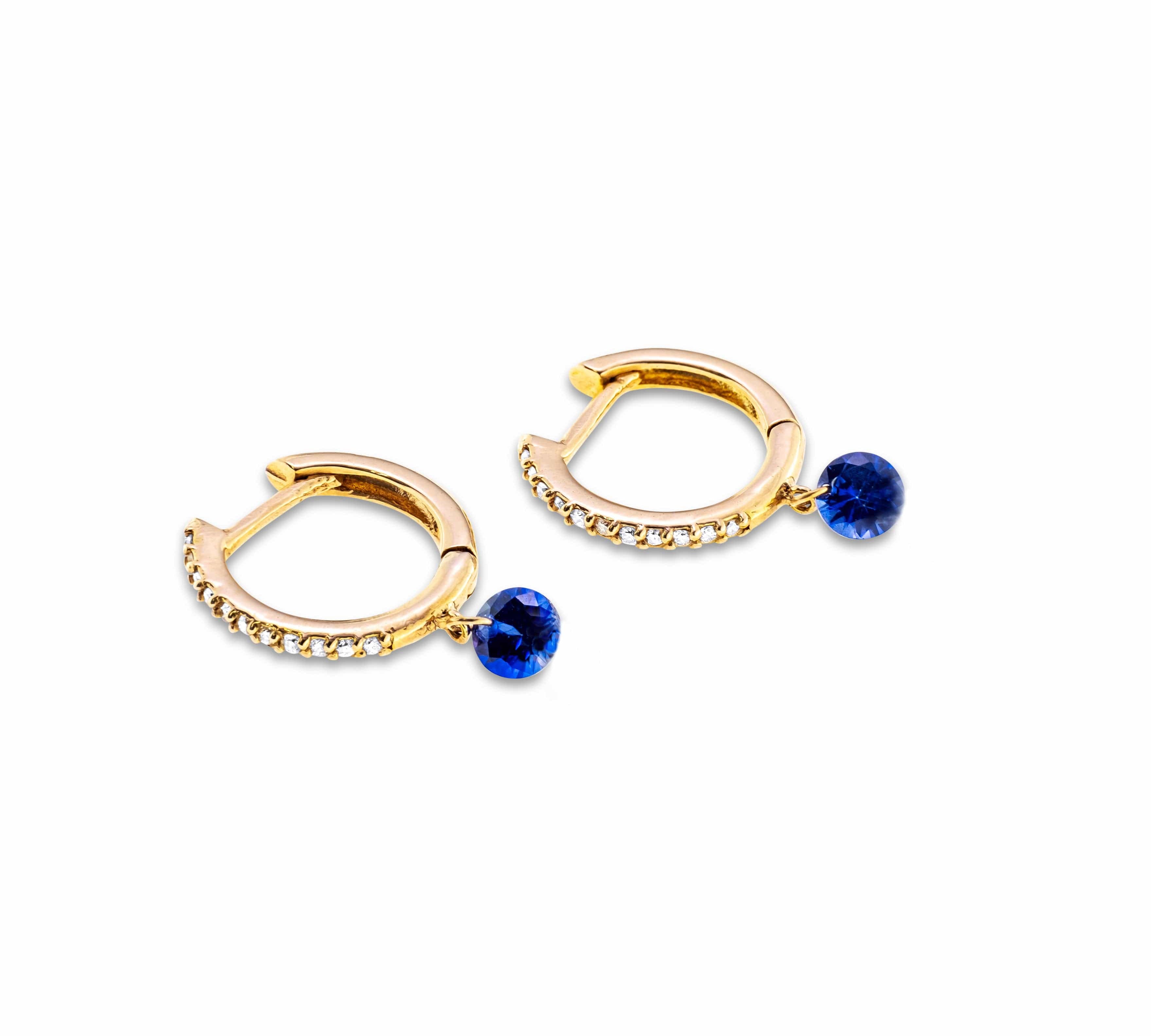 Earrings Yellow Gold 18K Gold Drilled Blue Sapphire Huggie Hoops Earrings