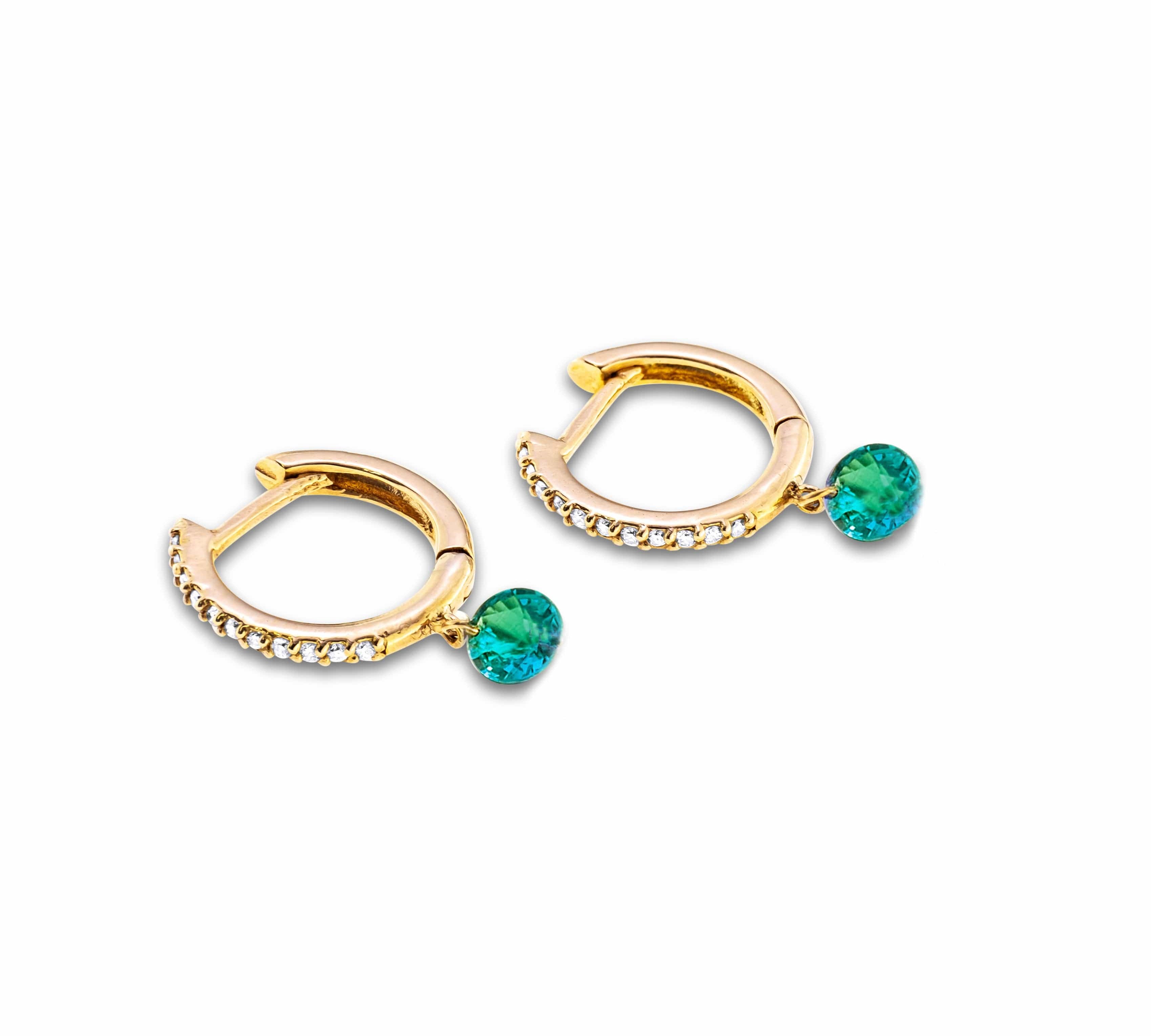 Earrings Yellow Gold 18K Gold Drilled Emerald Huggie Hoops Earrings