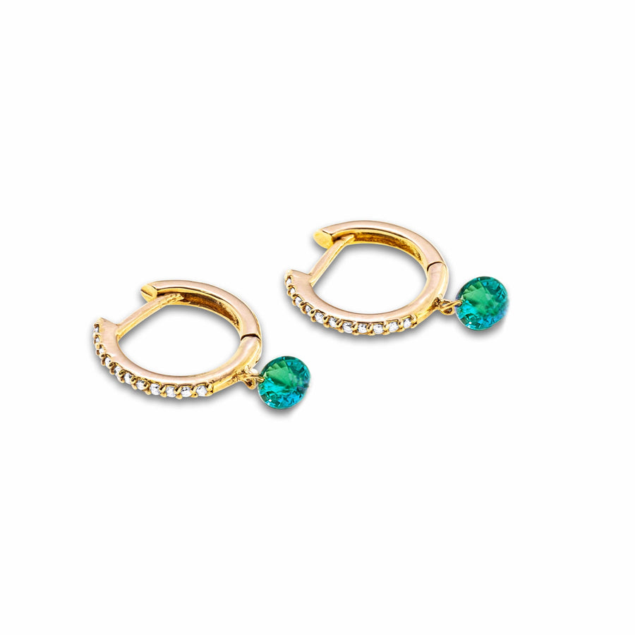 Earrings Yellow Gold 18K Gold Drilled Emerald Huggie Hoops Earrings