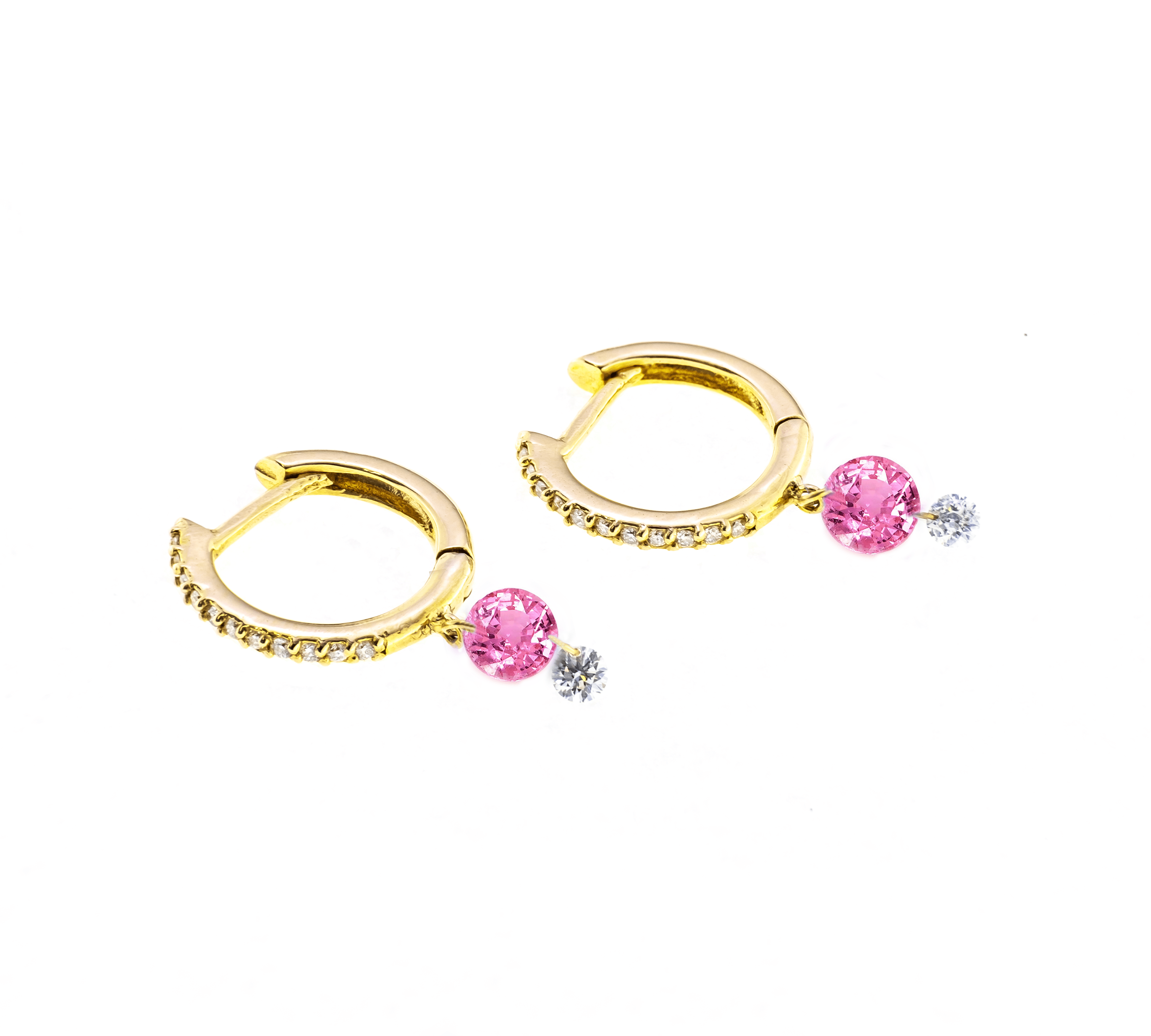 Earrings Yellow Gold 18K Gold Drilled Pink Sapphire Huggie Hoops Earrings