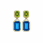 Earrings Yellow Gold 18K Gold Green Peridot and Blue Topaz Surrounded By Diamonds Drop Earrings