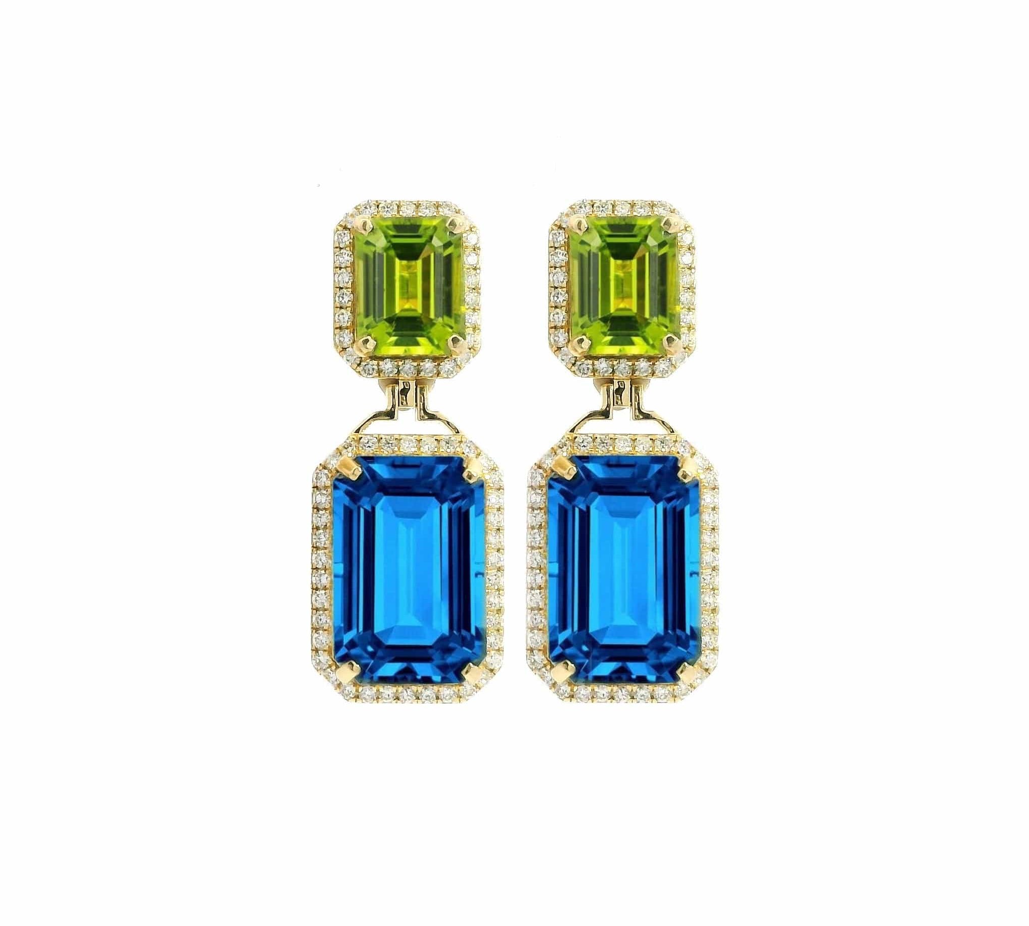 Earrings Yellow Gold 18K Gold Green Peridot and Blue Topaz Surrounded By Diamonds Drop Earrings