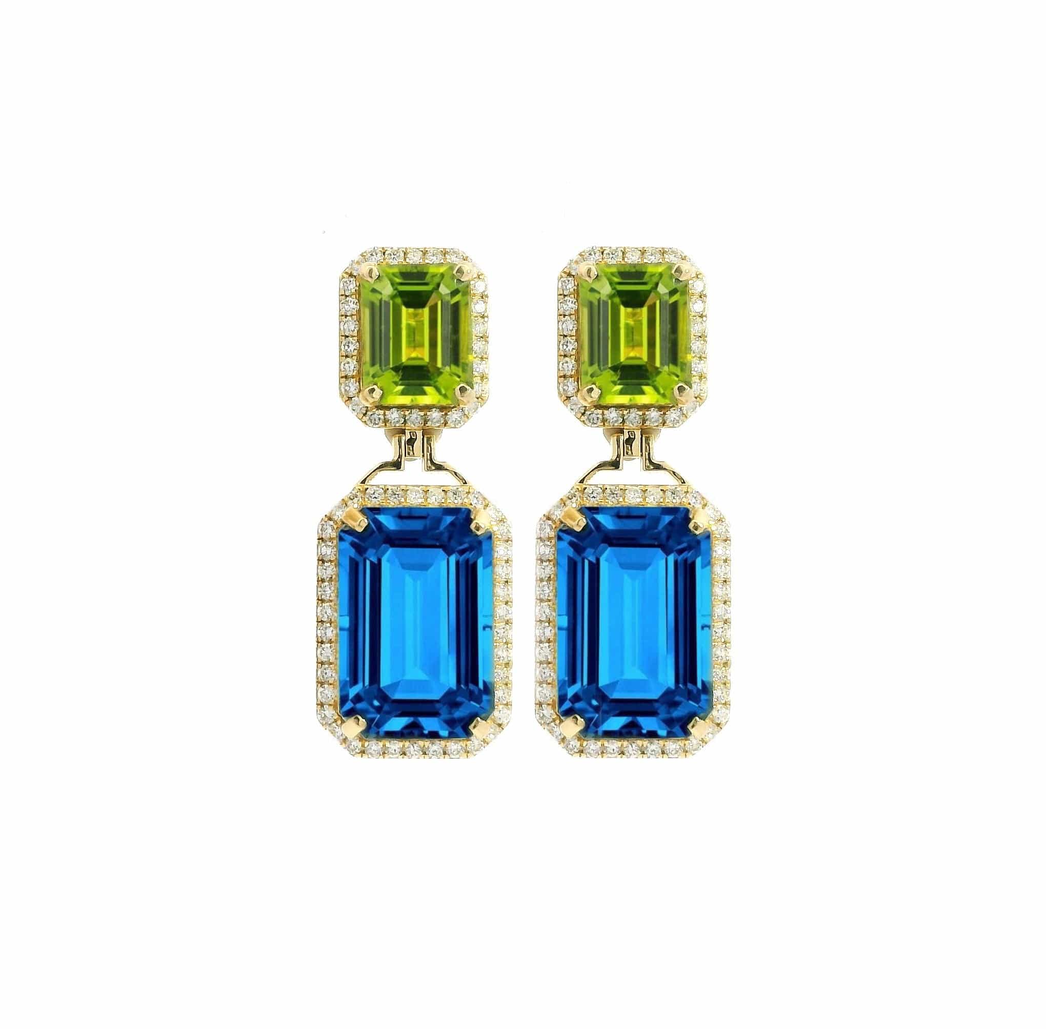 Earrings Yellow Gold 18K Gold Green Peridot and Blue Topaz Surrounded By Diamonds Drop Earrings