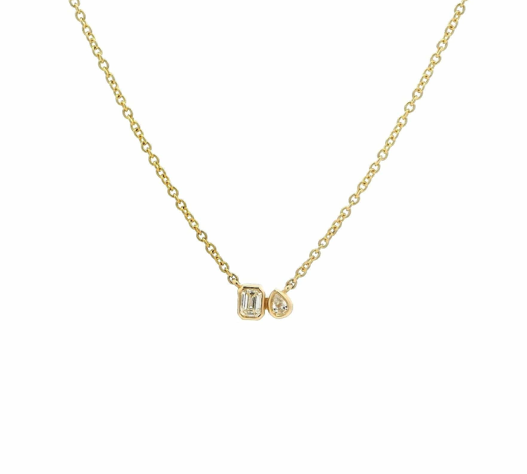 Necklace 14"-15"-16" / Yellow Gold / 18K 18K Gold Bezel Set Emerald Cut And  Pear Shape Diamonds On Chain Necklace