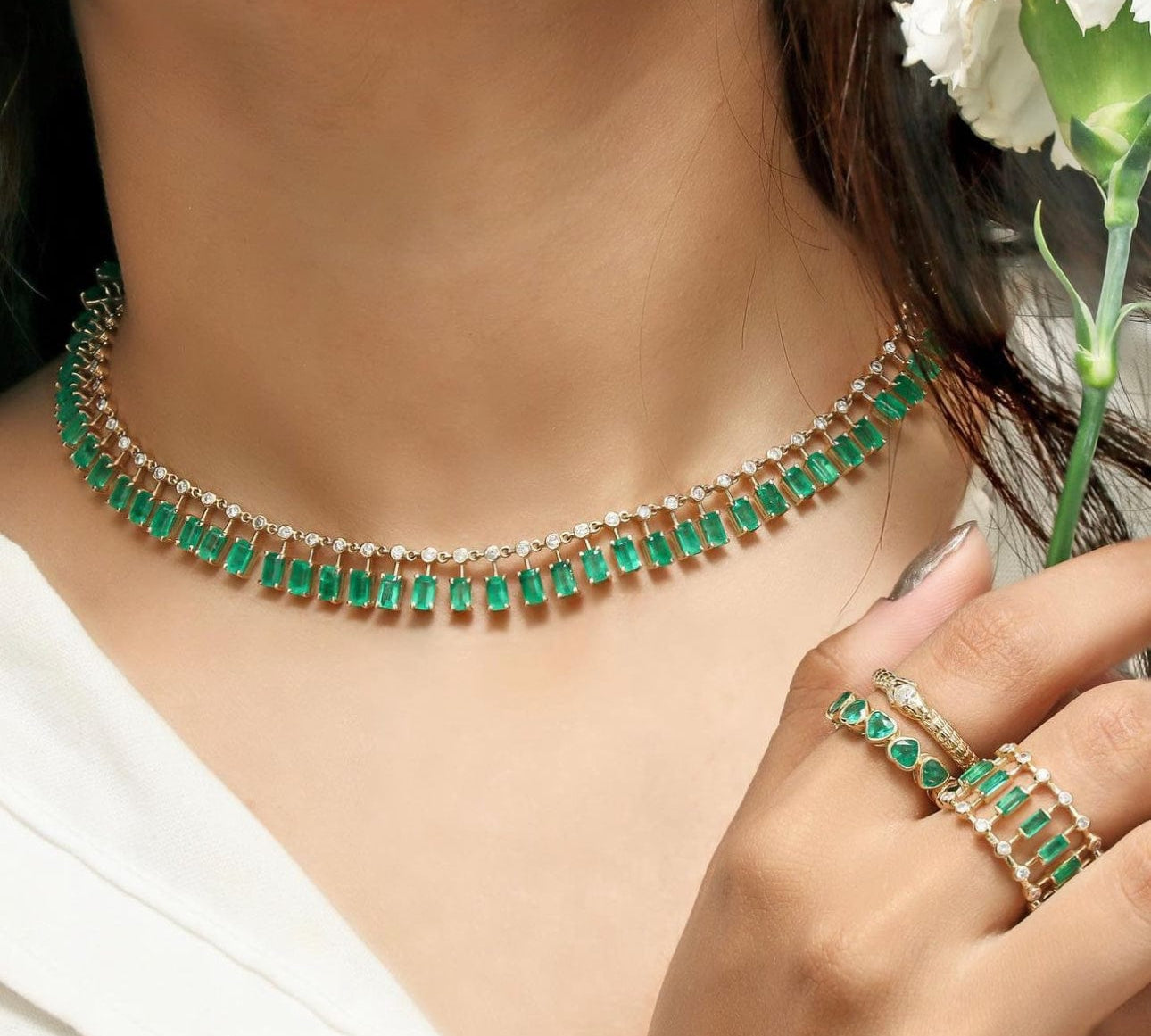 Necklace 14 & 18K Diamond & Emerald Dot-Dash Necklace, 5 x 3 mm (large)
