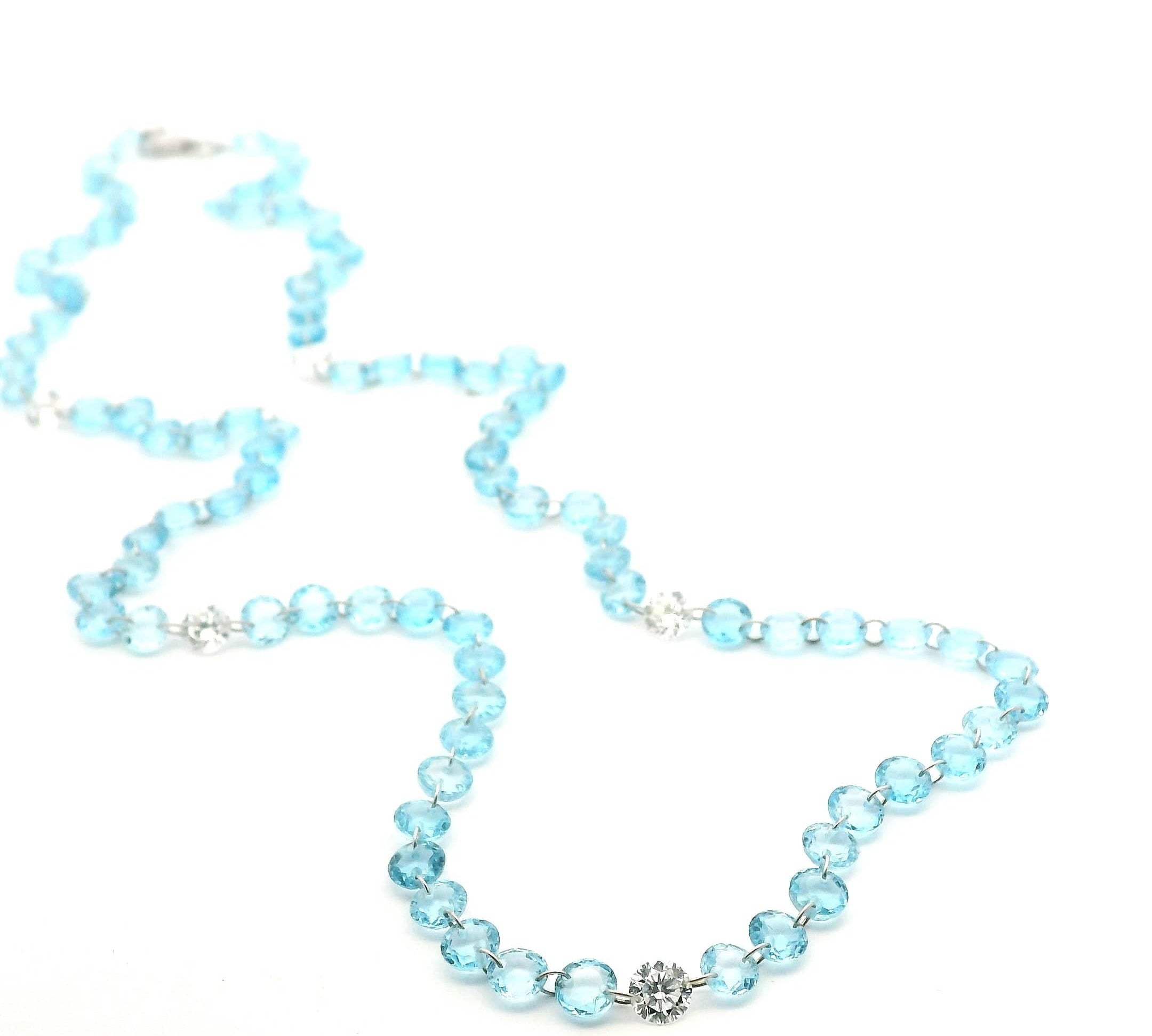 Necklace 14K Gold Blue Topaz And Lab Grown Diamond Strand invisible Set Necklace, Continuous