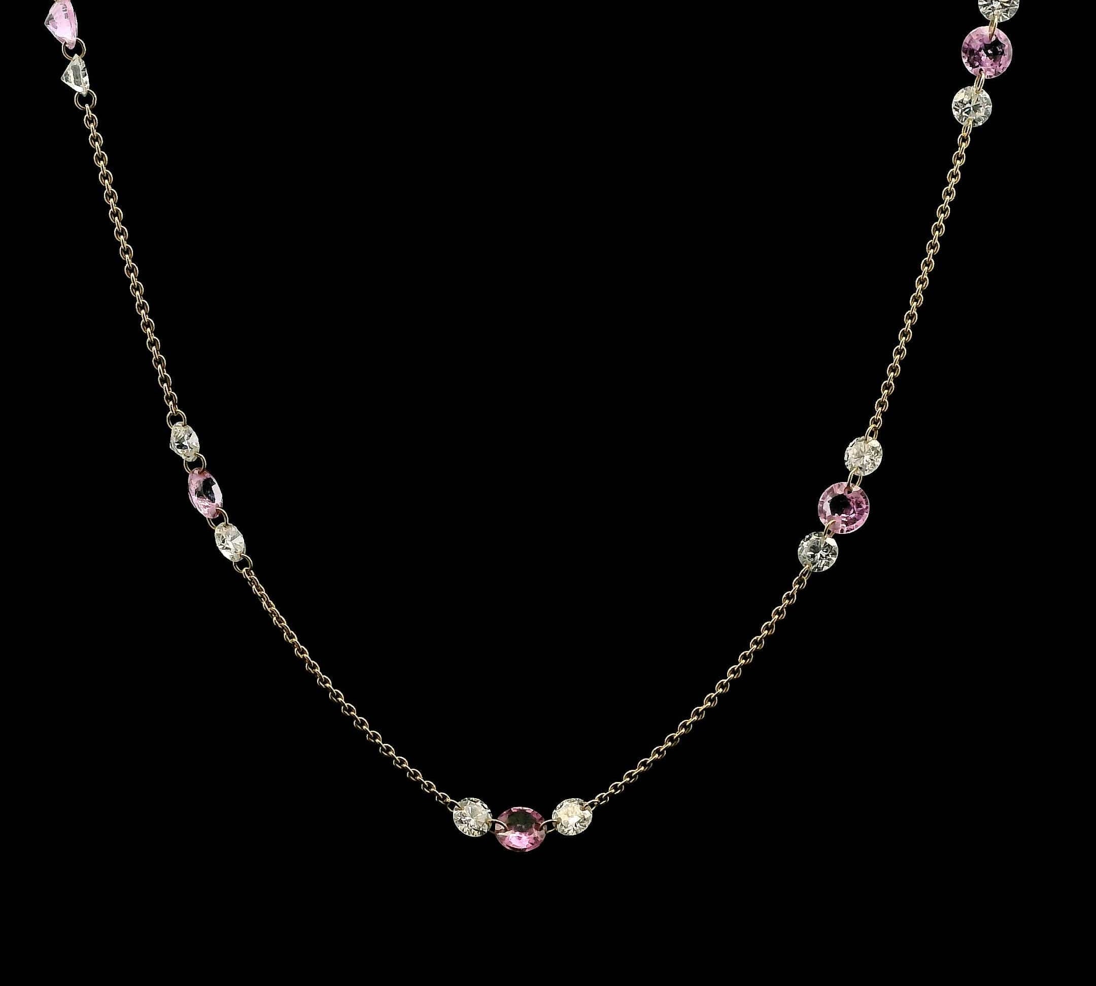 Necklace 14K Gold Invisible Set Laser Drilled Natural Diamonds and Pink Sapphires