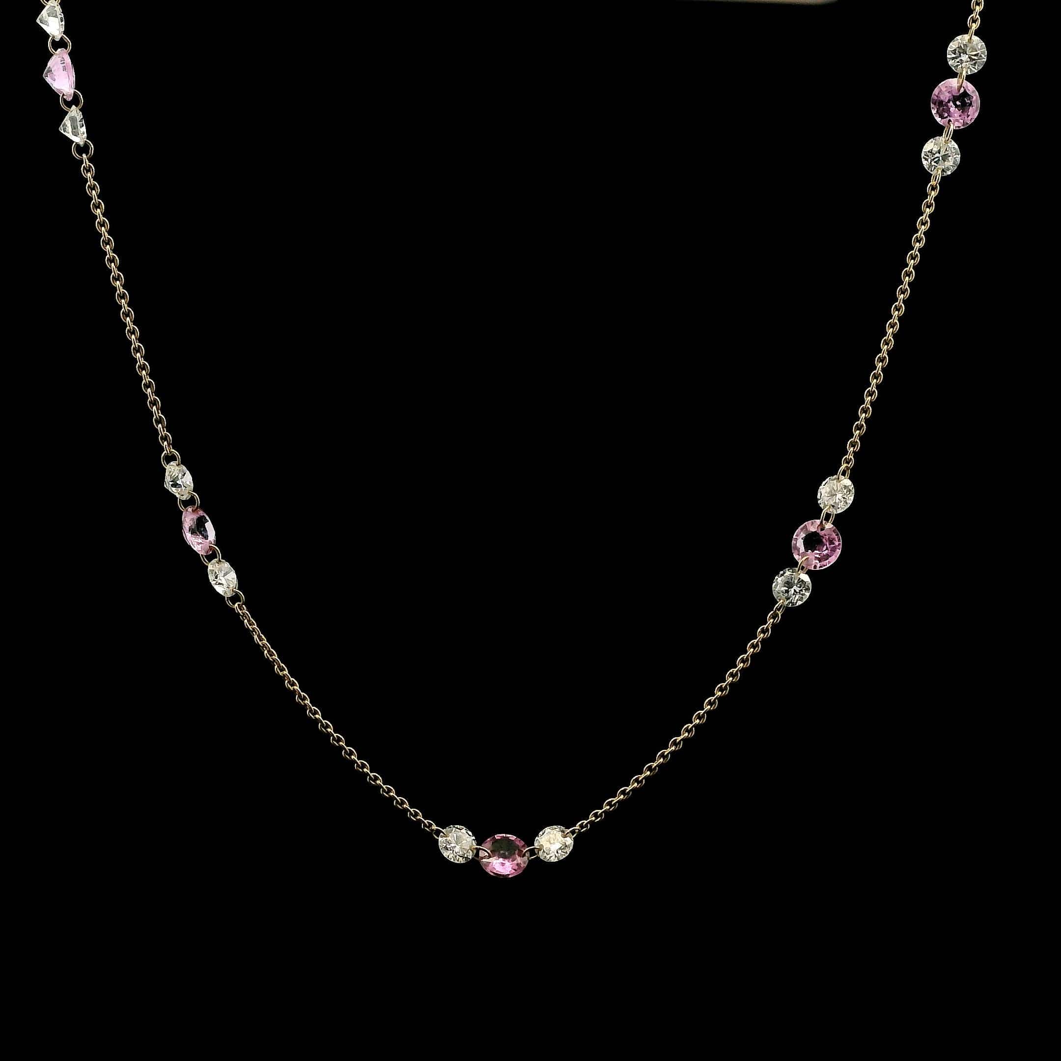 Necklace 14K Gold Invisible Set Laser Drilled Natural Diamonds and Pink Sapphires