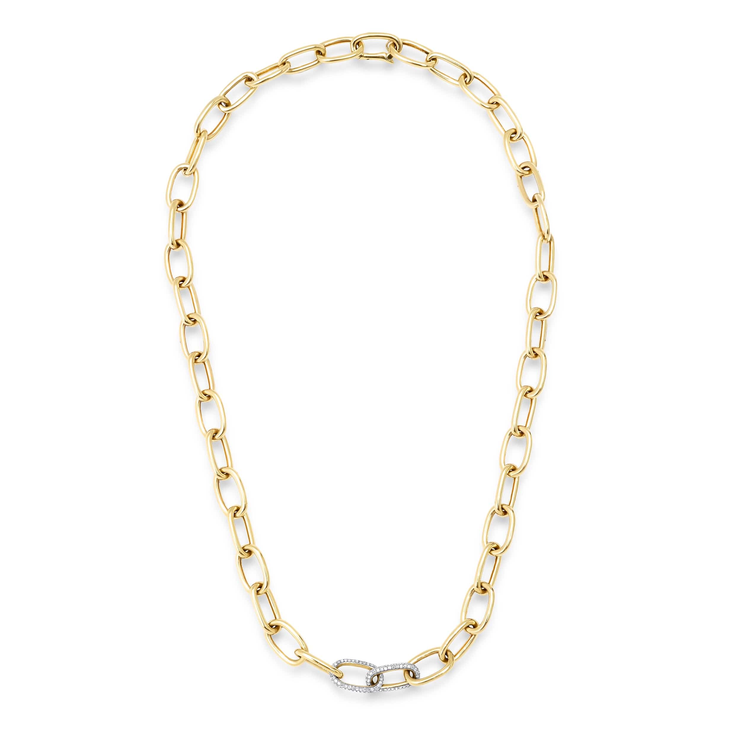 Necklace 14K Gold Two Pave Links Paper Clip Chain Necklace