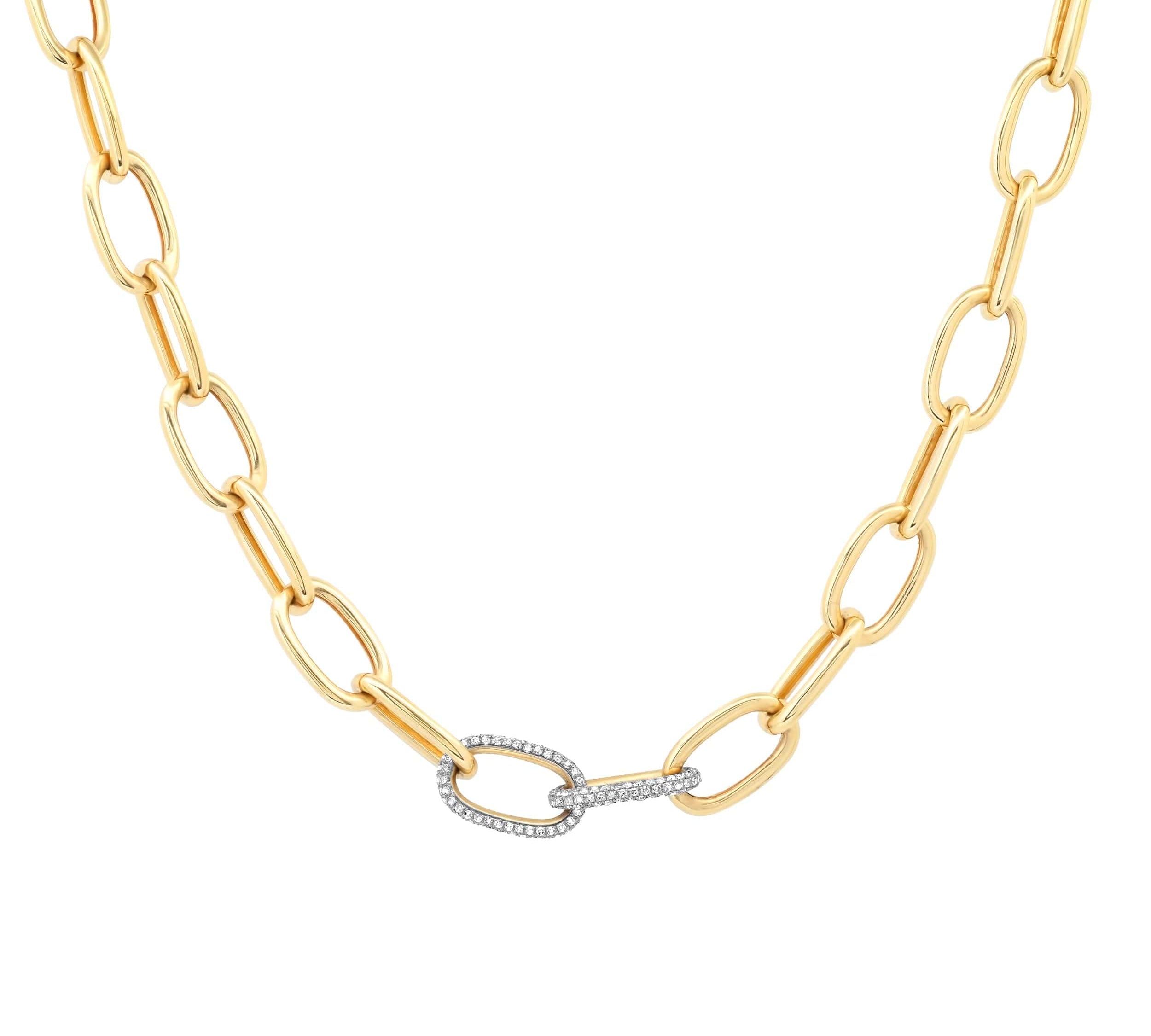 Necklace 14K Gold Two Pave Links Paper Clip Chain Necklace