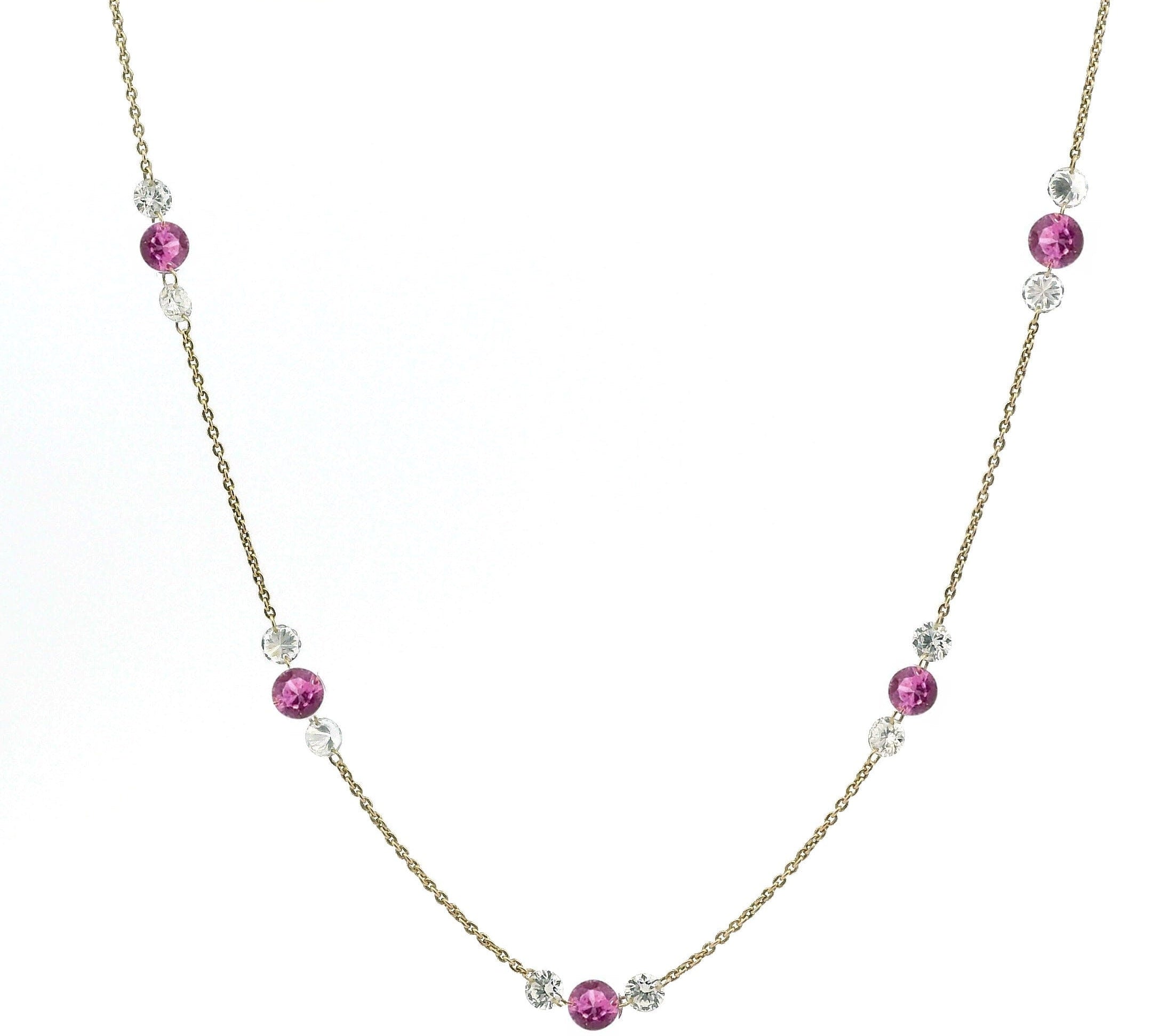 Necklace 16"-18" / Yellow Gold / 14K 18K Gold Invisible Set Drilled Pink Sapphire and Diamond Trio Chain Necklace