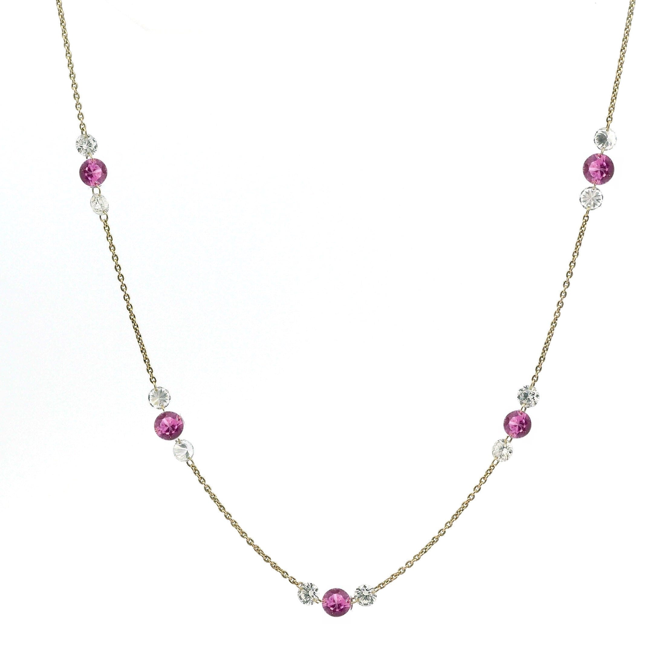 Necklace 16"-18" / Yellow Gold / 14K 18K Gold Invisible Set Drilled Pink Sapphire and Diamond Trio Chain Necklace