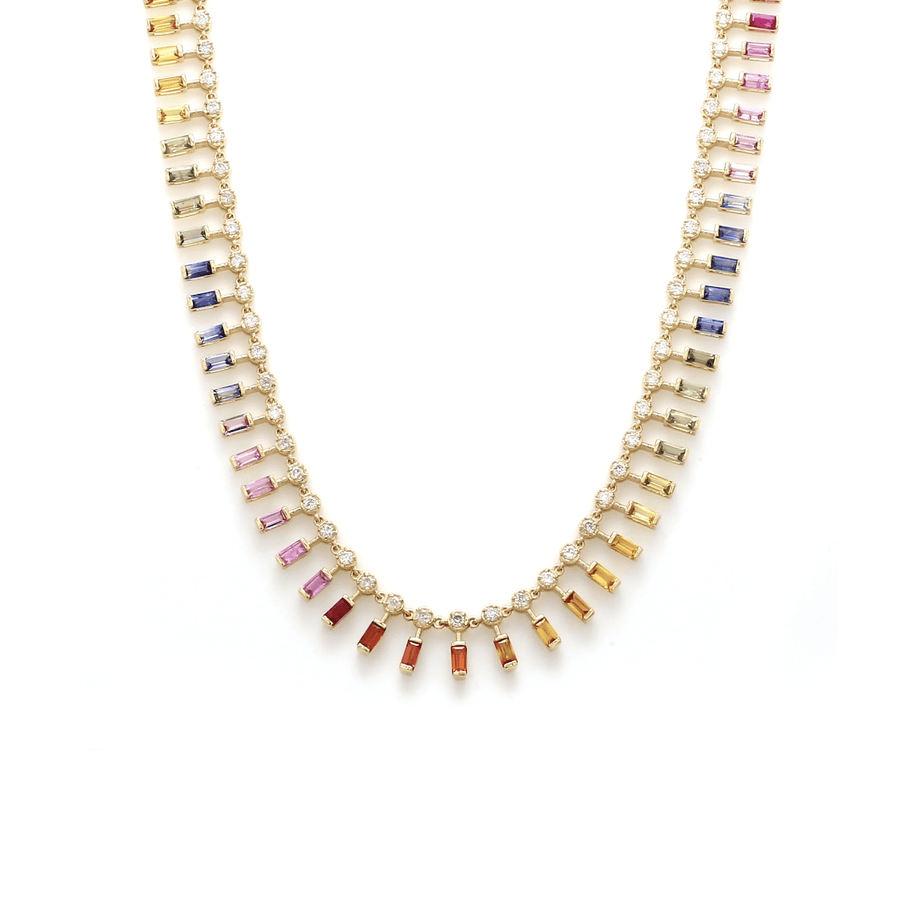Necklace 16" / Yellow Gold / 14K 14 & 18K Diamond & Rainbow Sapphire Dot-Dash Necklace