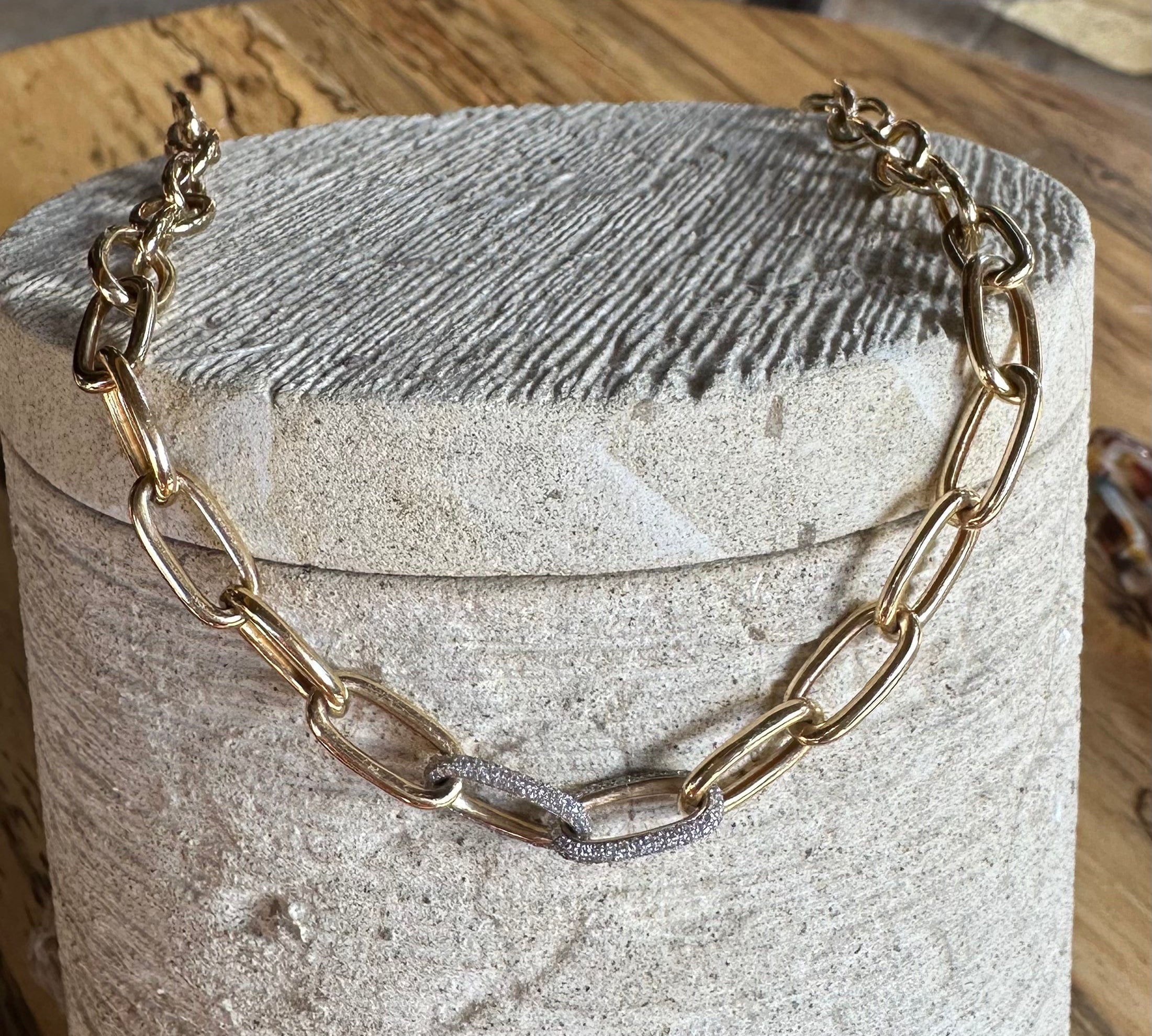 Necklace 16" / Yellow Gold / 14K 14K Gold Two Pave Links Paper Clip Chain Necklace