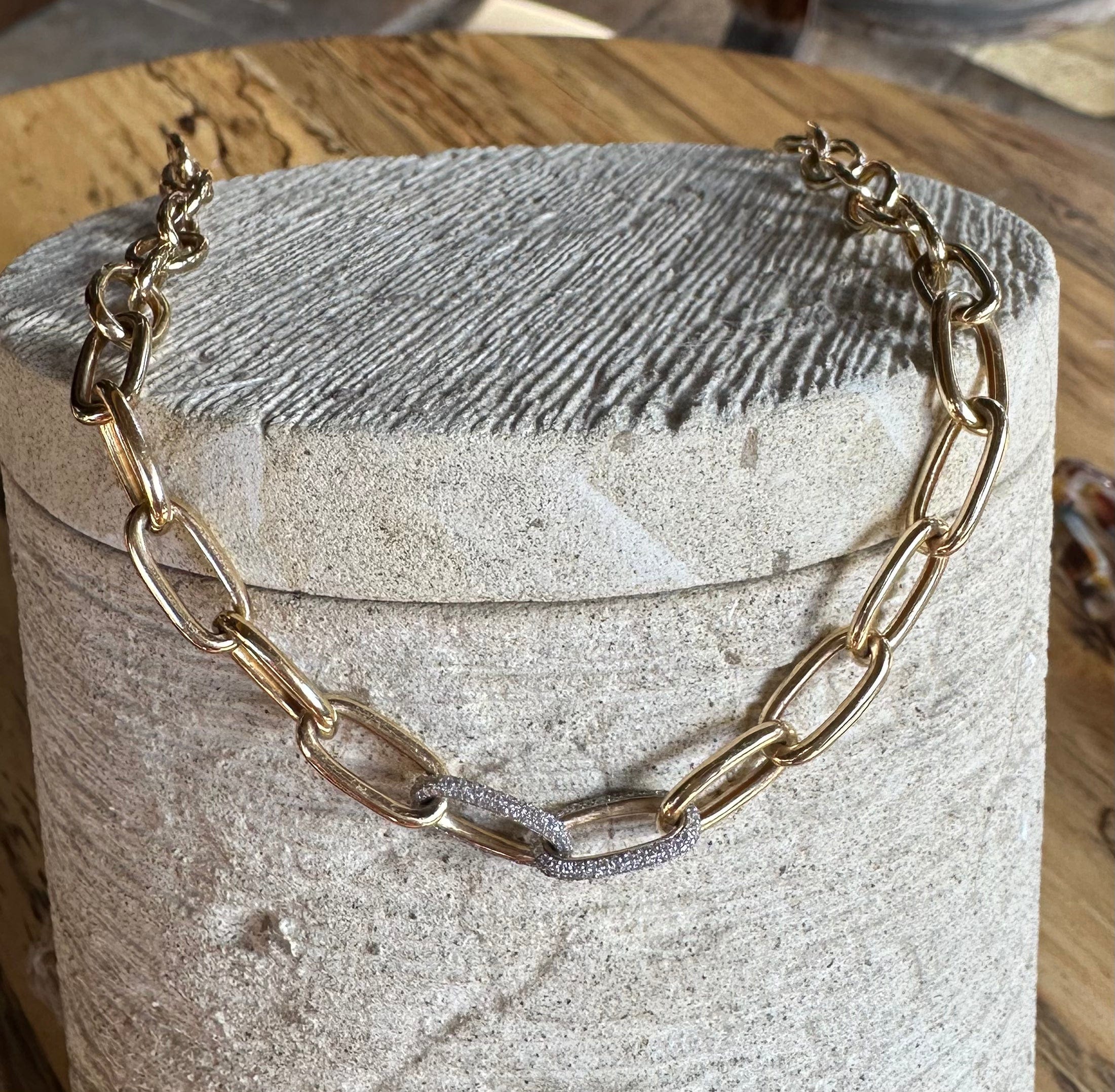 Necklace 16" / Yellow Gold / 14K 14K Gold Two Pave Links Paper Clip Chain Necklace