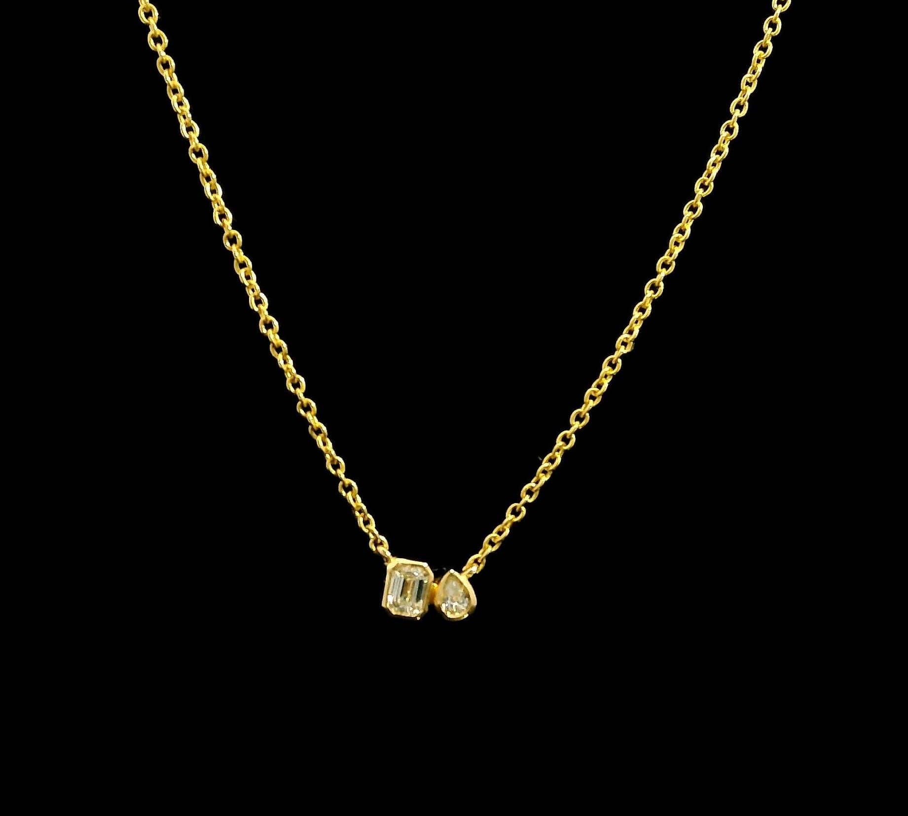 Necklace 18K Gold Bezel Set Emerald Cut And  Pear Shape Diamonds On Chain Necklace