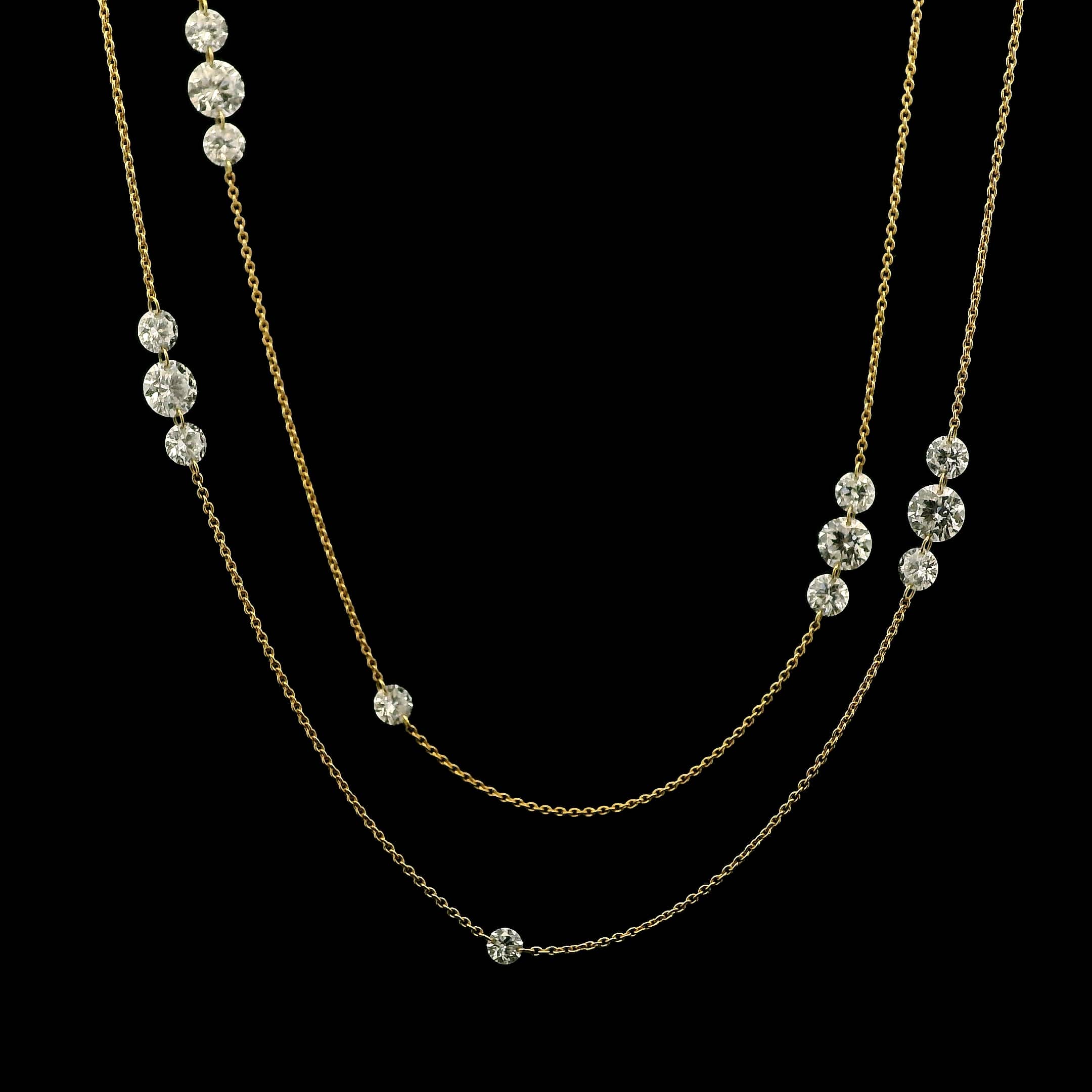 Necklace 18K Gold Diamond Strand invisible Set Drilled Diamond and Chain Necklace, 36", Lab Grown