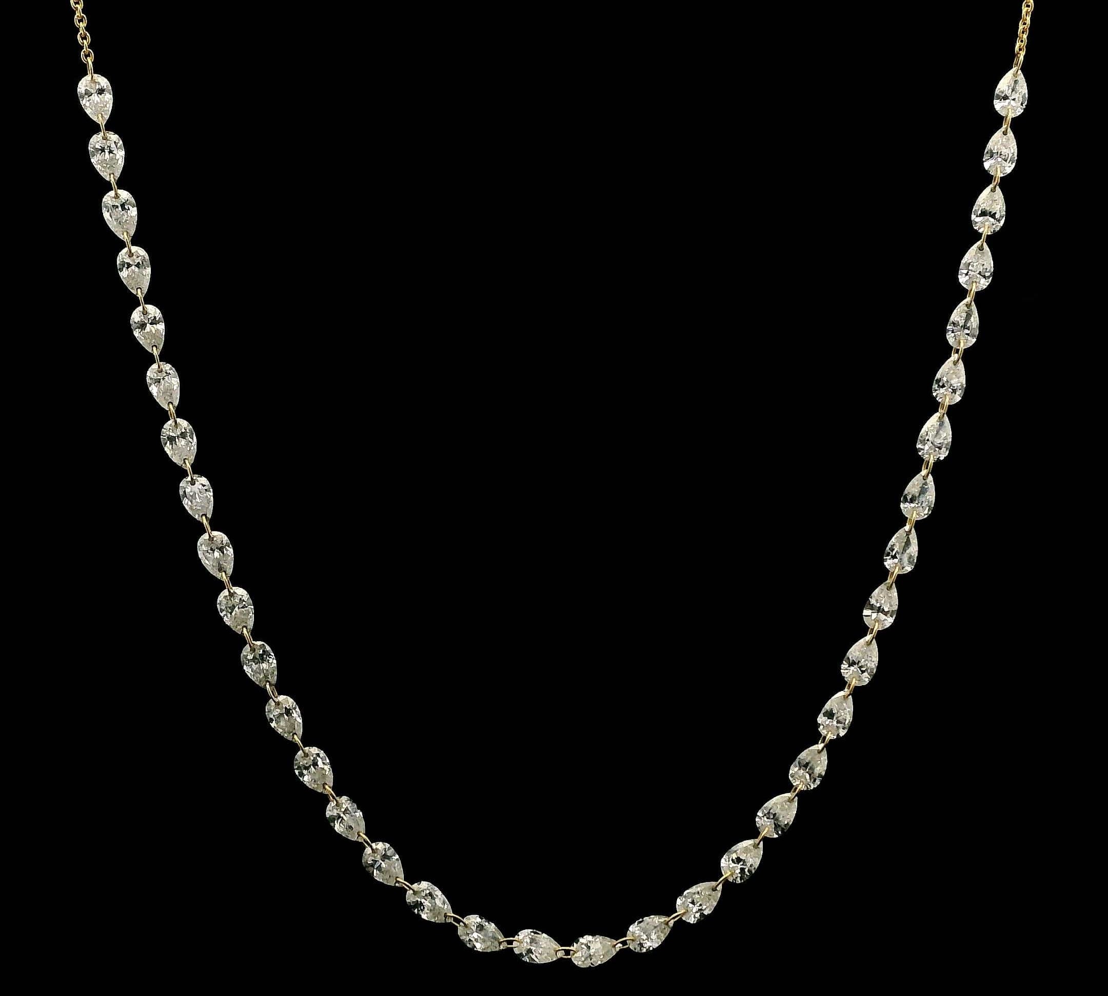 Necklace 18K Gold Diamond Strand invisible Set Drilled East West Pear Diamond and Chain Necklace, 3.53 carats, Lab Grown