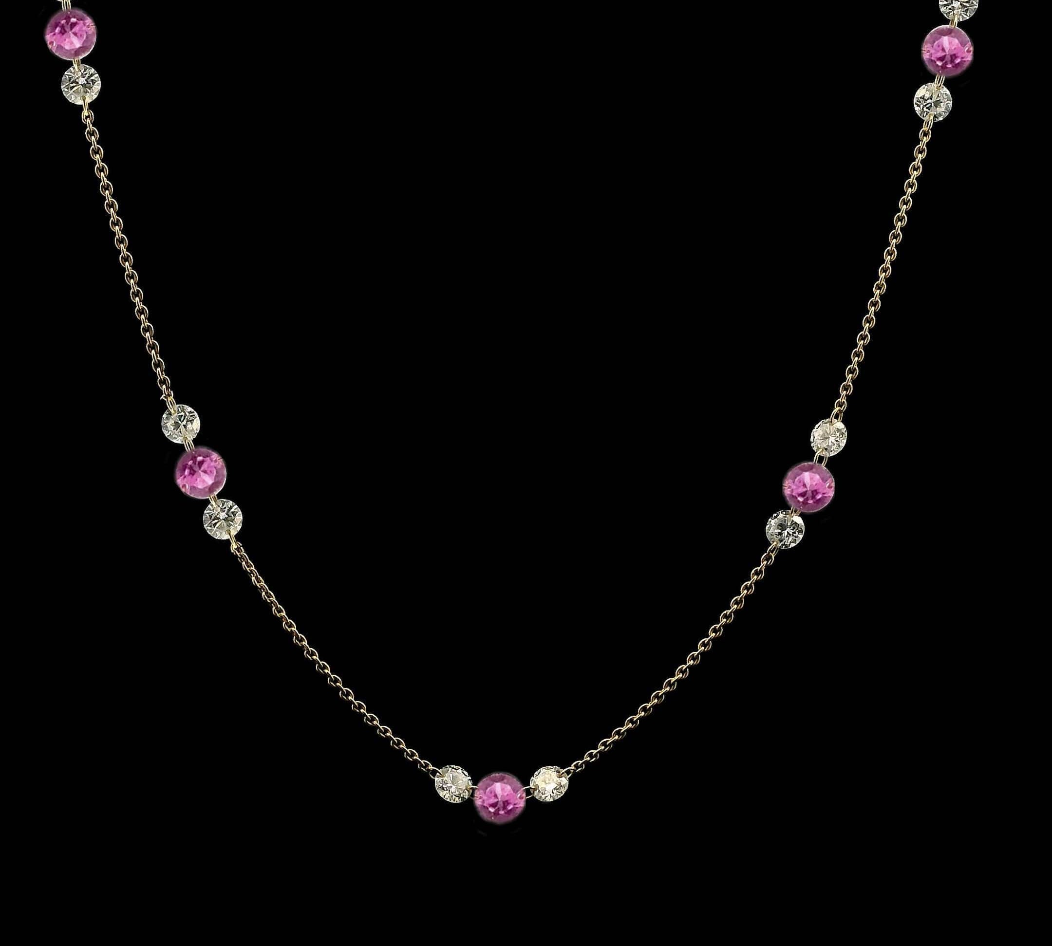 Necklace 18K Gold Invisible Set Drilled Pink Sapphire and Diamond Trio Chain Necklace
