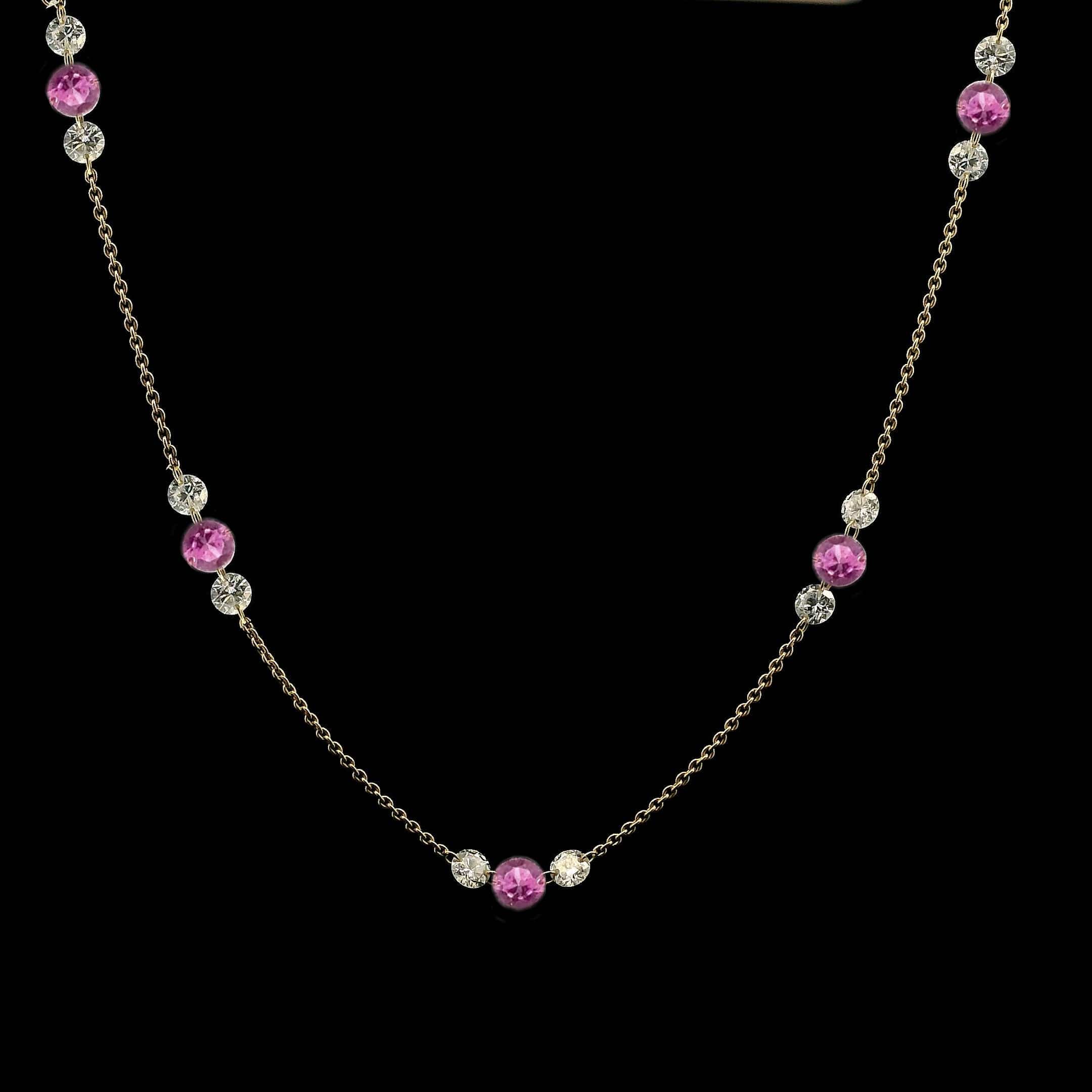 Necklace 18K Gold Invisible Set Drilled Pink Sapphire and Diamond Trio Chain Necklace