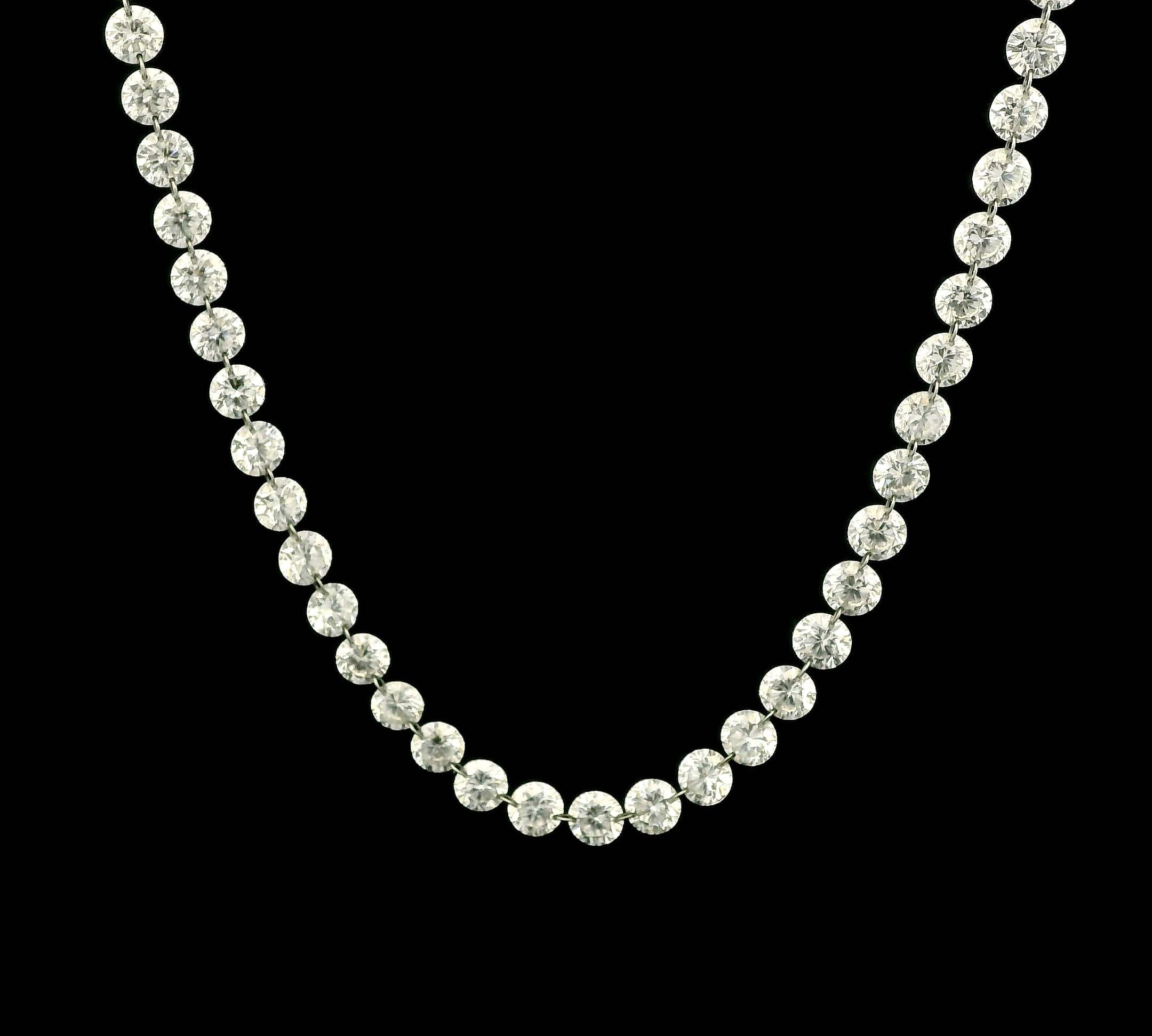 Necklace 18K Gold Invisible Set Graduated Drilled Diamond Necklace, 20 cts, Continuous Lab Grown