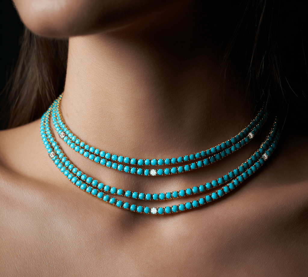 Necklace Turquoise and Diamond Tennis Necklace 4-Prong