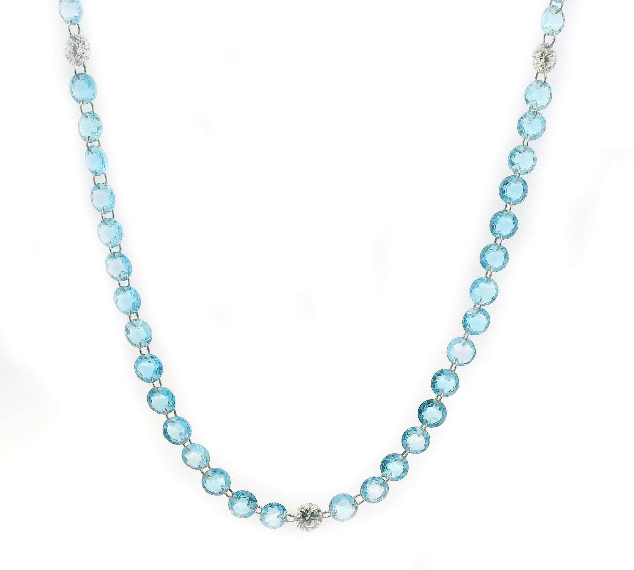 Necklace Yellow Gold / 18K 14K Gold Blue Topaz And Lab Grown Diamond Strand invisible Set Necklace, Continuous