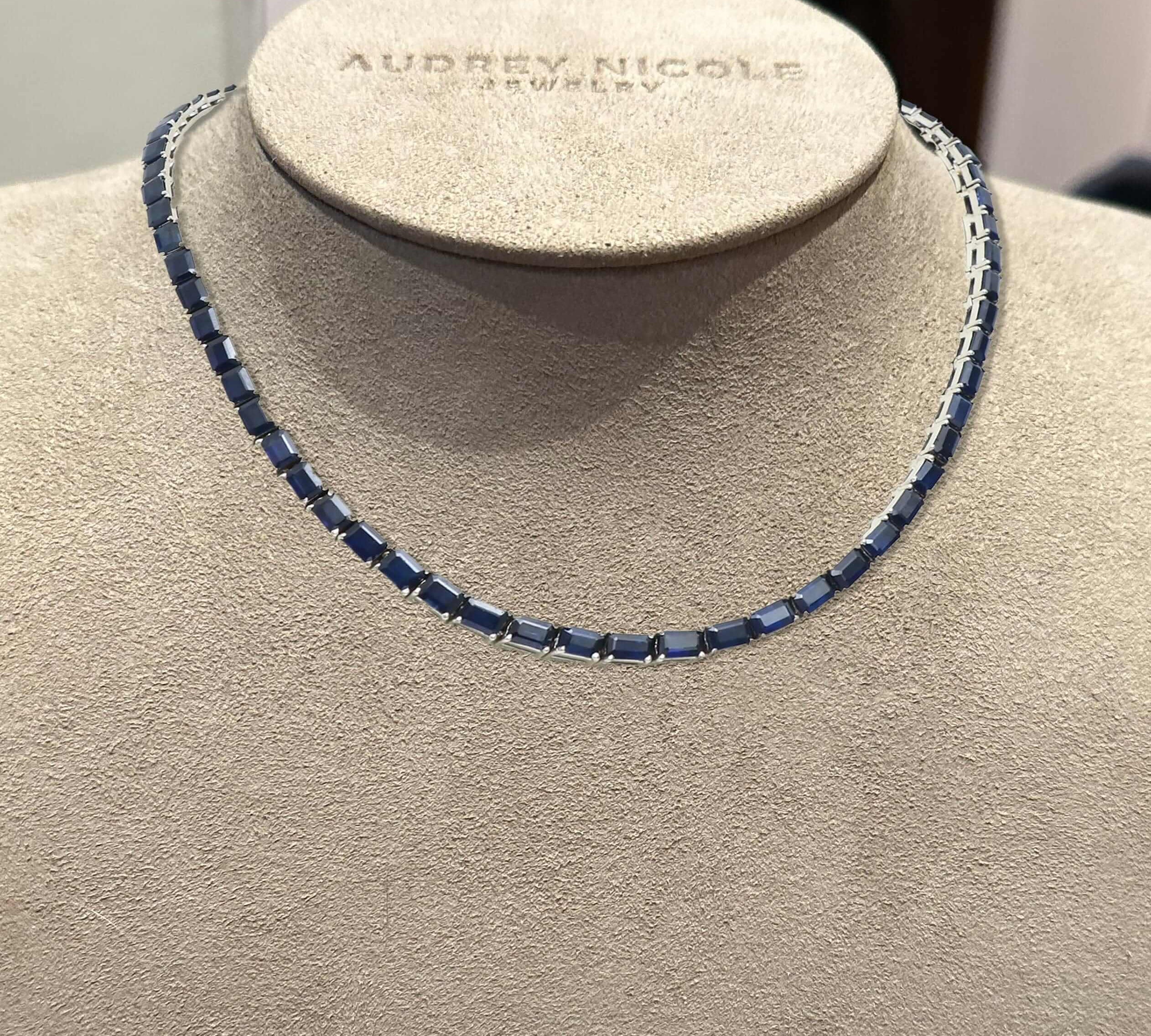 Necklaces 14K & 18K Gold East West Emerald Cut Blue Sapphire Necklace