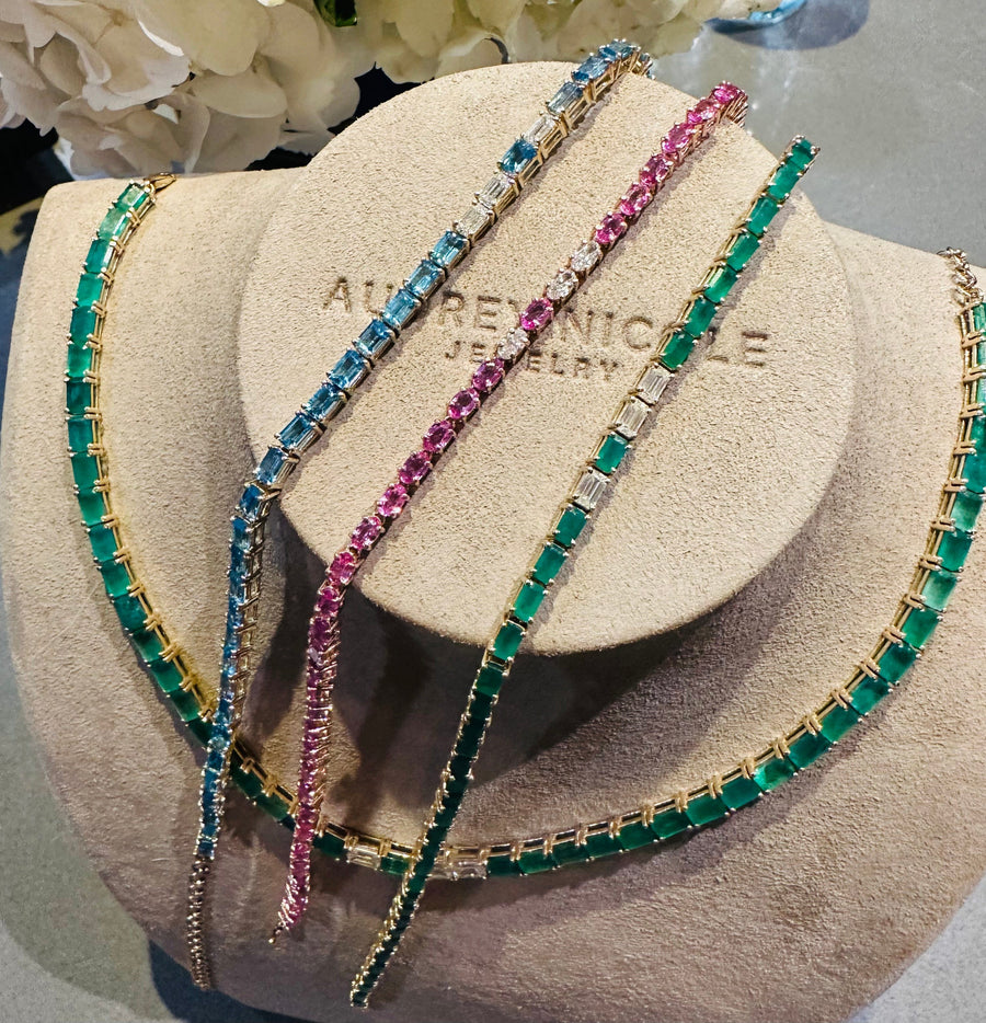 Necklaces 14K & 18K Gold East West Emerald Cut Pink Sapphire & Diamond Necklace & Bracelet