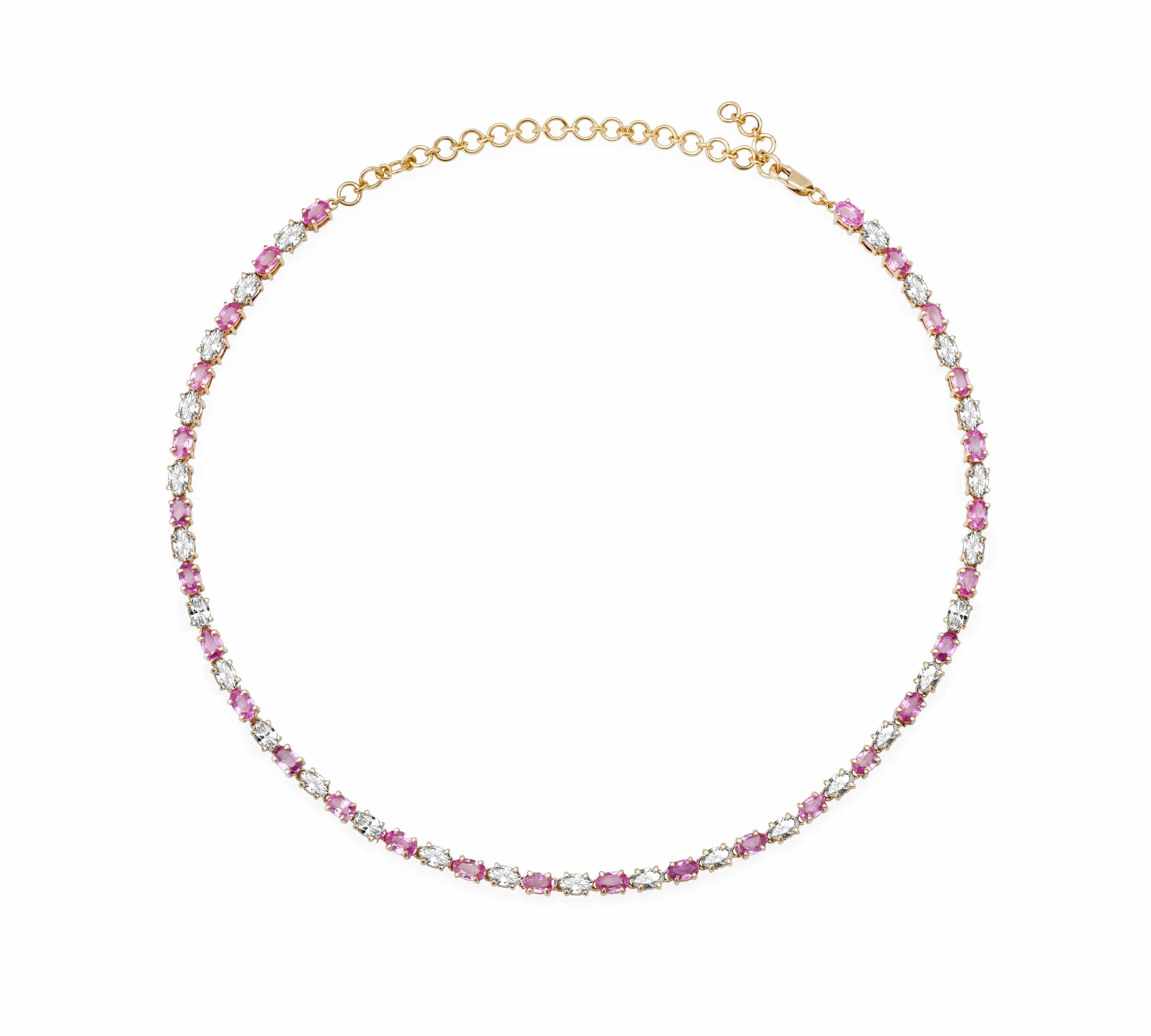 Necklaces 14K & 18K Gold East West Oval Alternating Pink Sapphire & Diamond Necklace