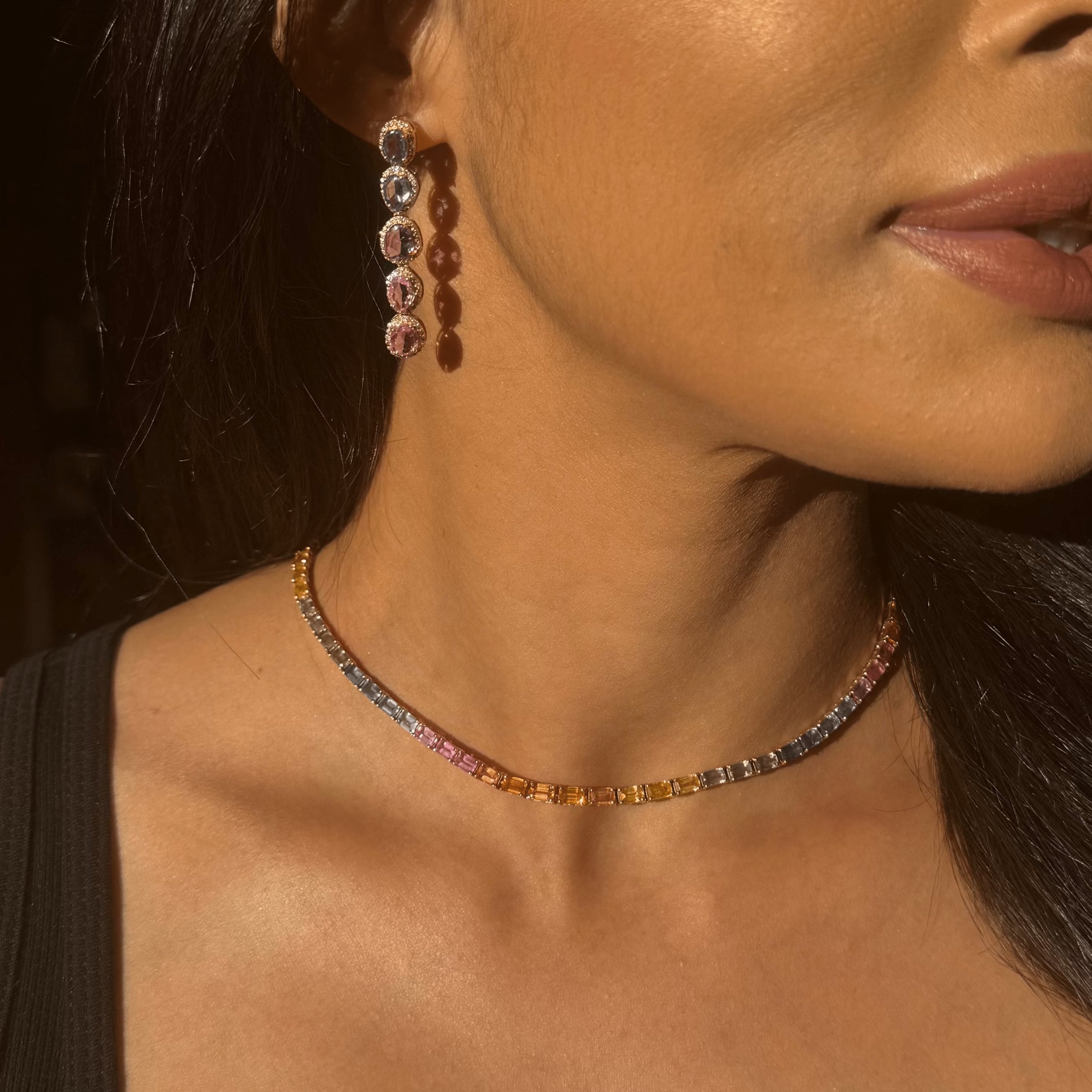 Necklaces 14K & 18K Gold East West Rainbow Sapphire Necklace