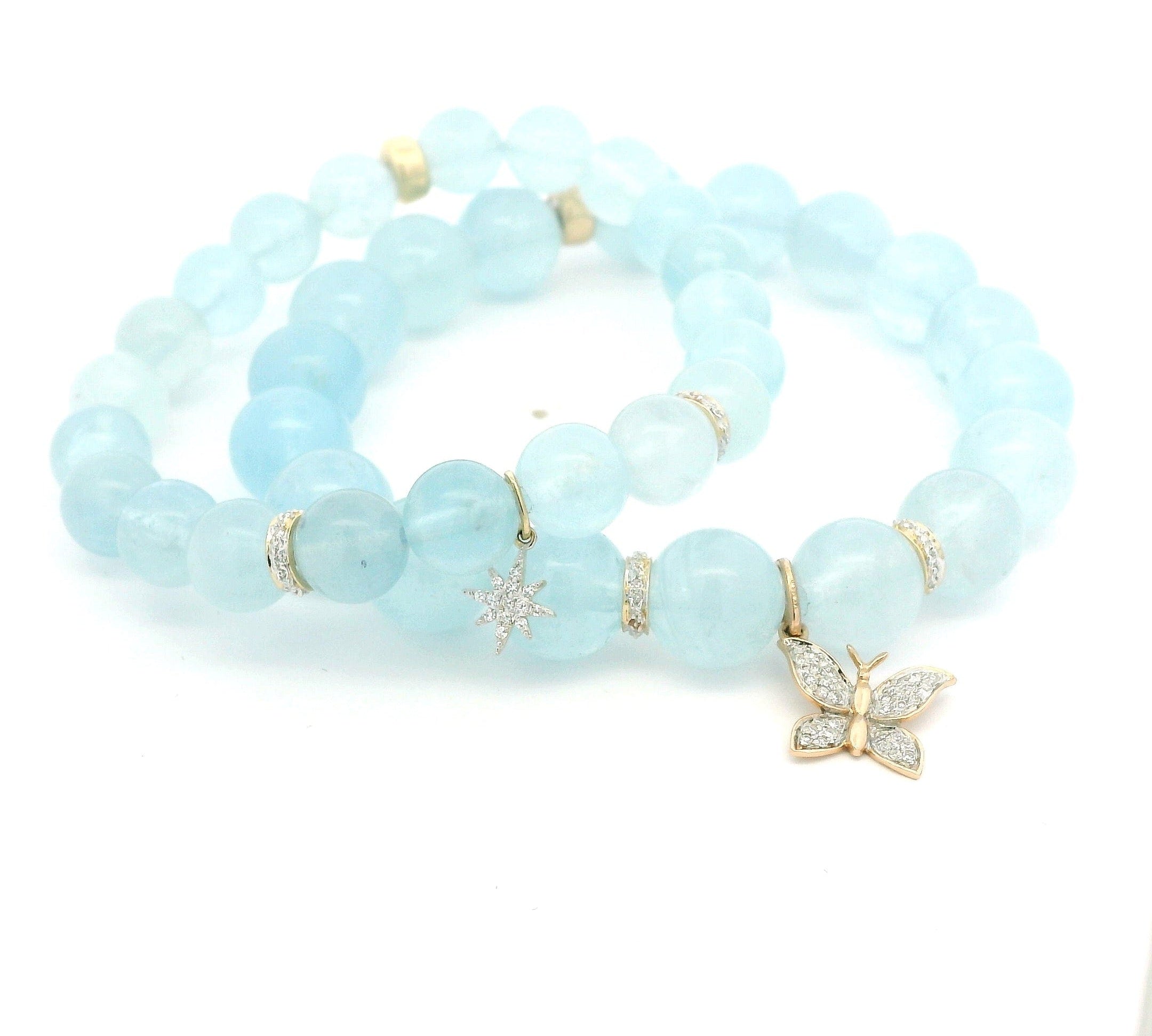 Necklaces 14K Solid Gold Aquamarine Diamond Roundel Beaded Bracelet, 8mm, 10mm