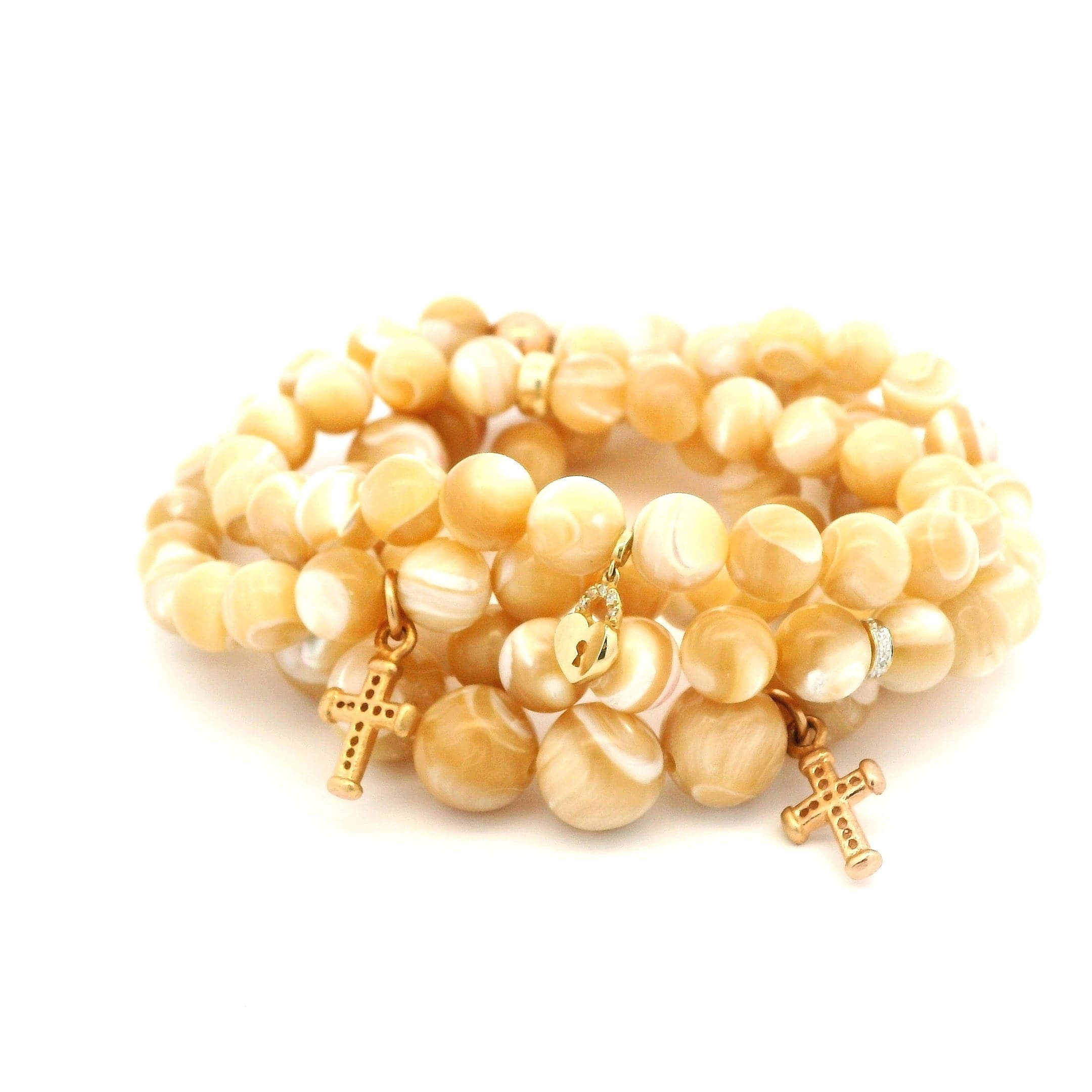Necklaces 14K Solid Gold Signature Cross Golden Mother Of Pearl Beaded Bracelet, large beads