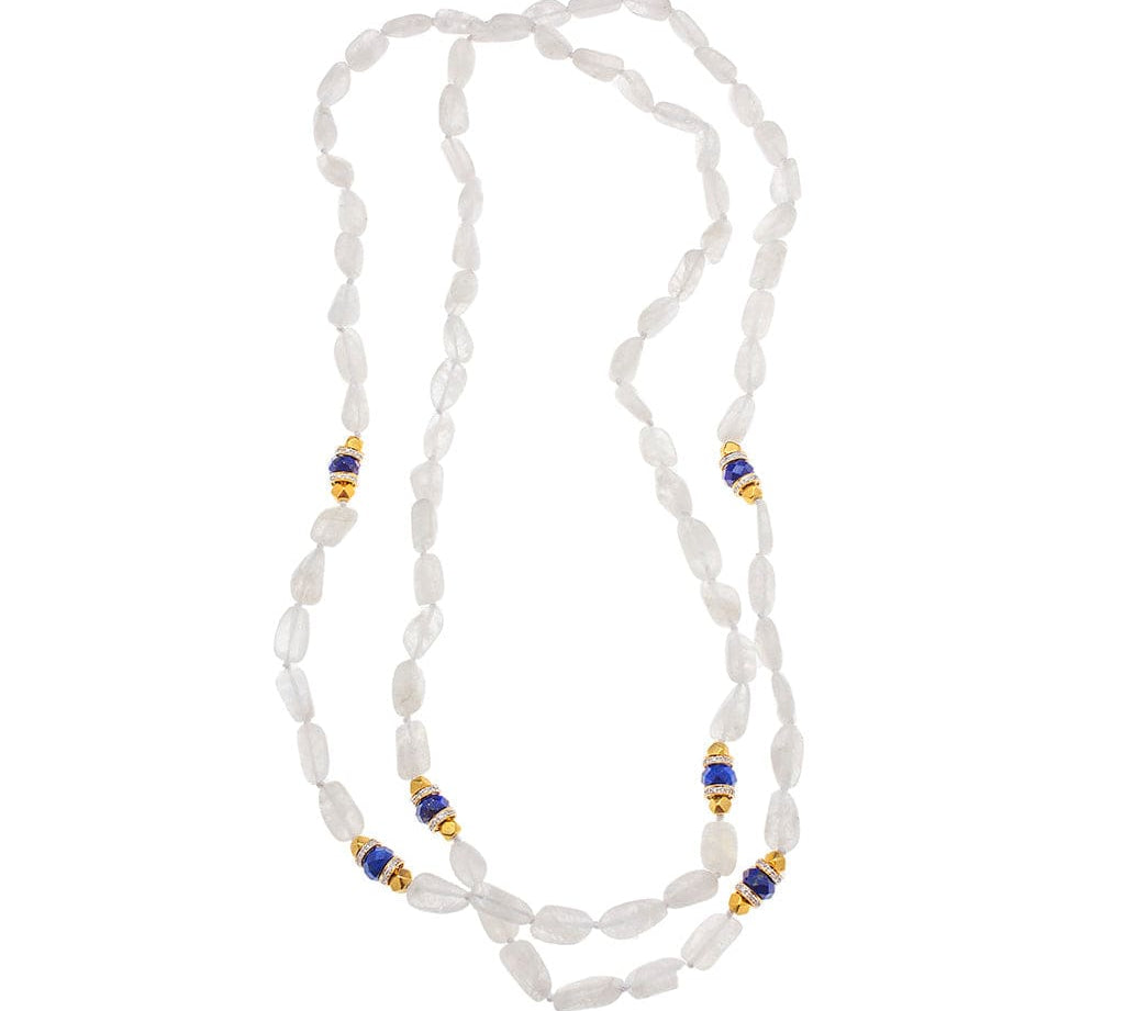 Necklaces 24" Double Strand Moonstone, Lapis, 18K Beaded, & Diamond Necklace