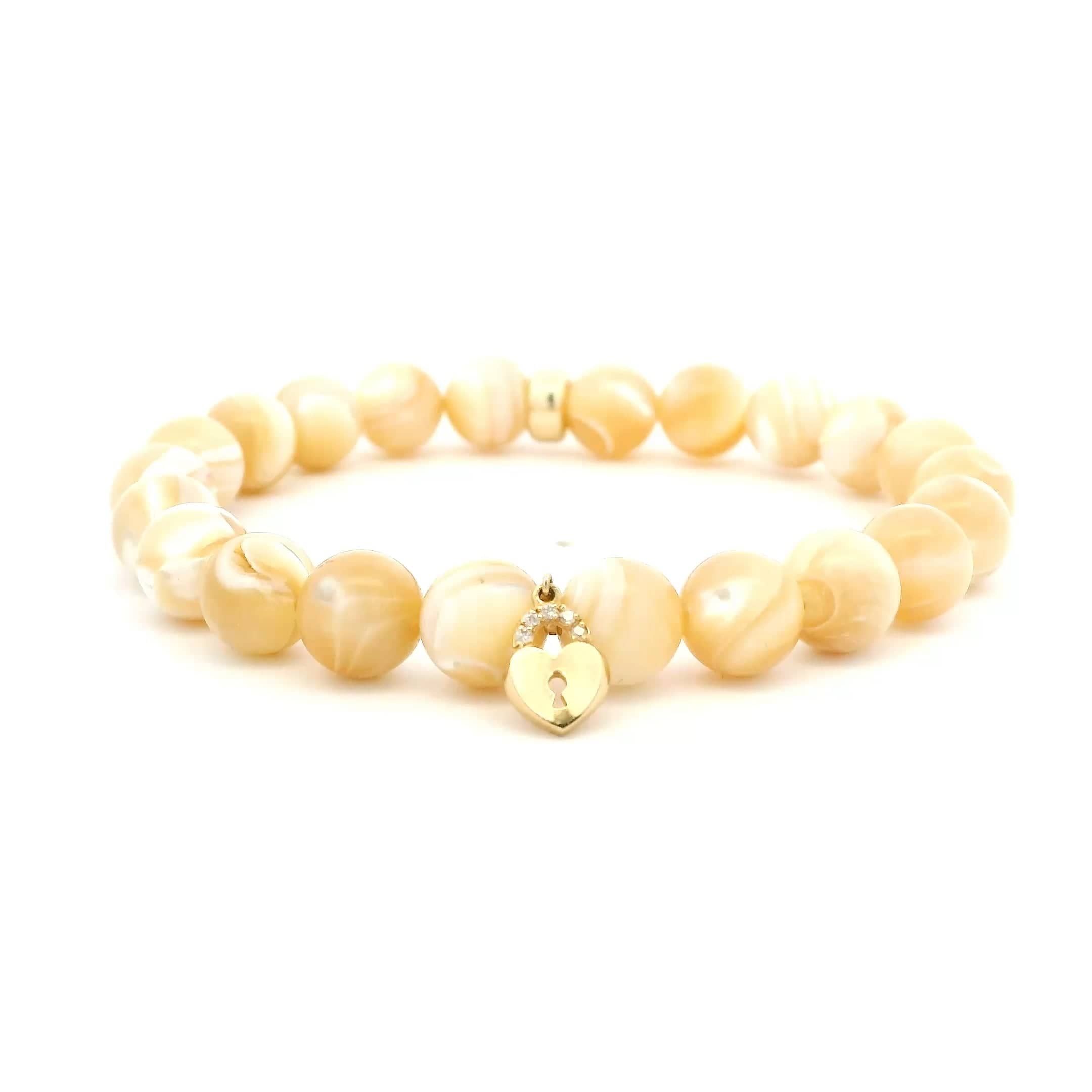 Necklaces 7" 14K Gold And Diamond Lock Golden Mother Of Pearl Beaded Bracelet