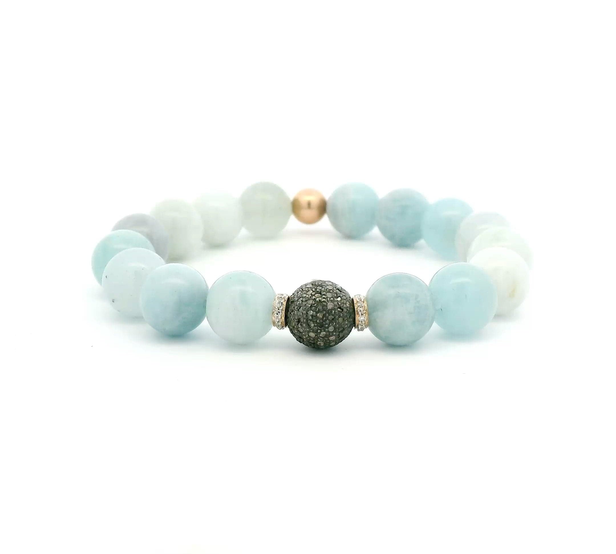 Necklaces 7" 14K Solid Gold Diamond Ball, Diamond Roundels, Blue Topaz Faceted Beaded Bracelet, 10mm