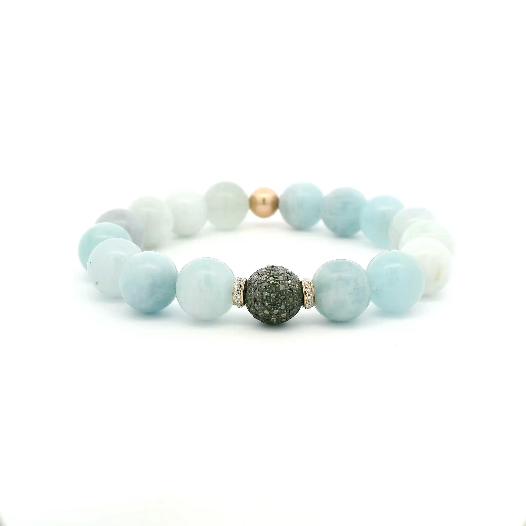 Necklaces 7" 14K Solid Gold Diamond Ball, Diamond Roundels, Blue Topaz Faceted Beaded Bracelet, 10mm