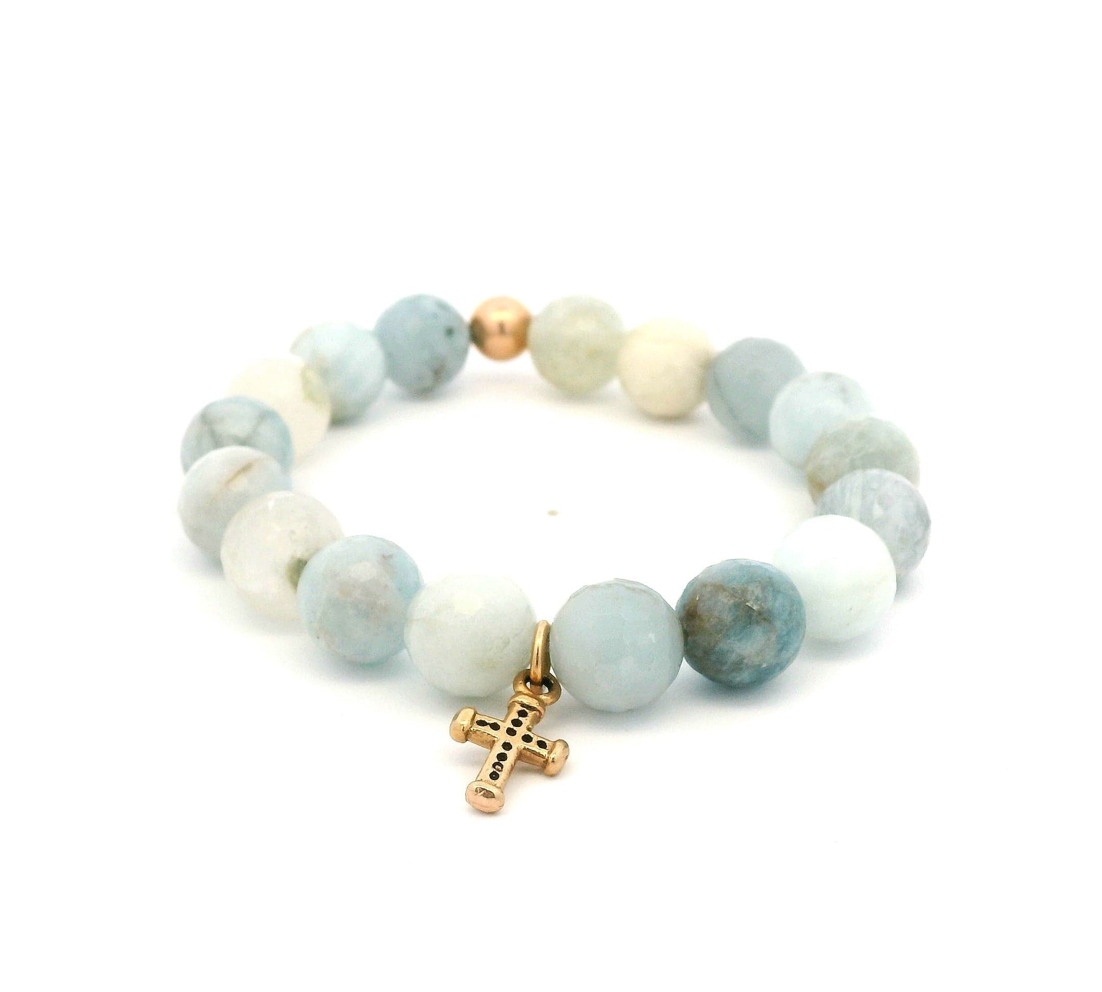 Necklaces 7" 14K Solid Gold Signature Cross Blue Topaz Beaded Bracelet, 10mm