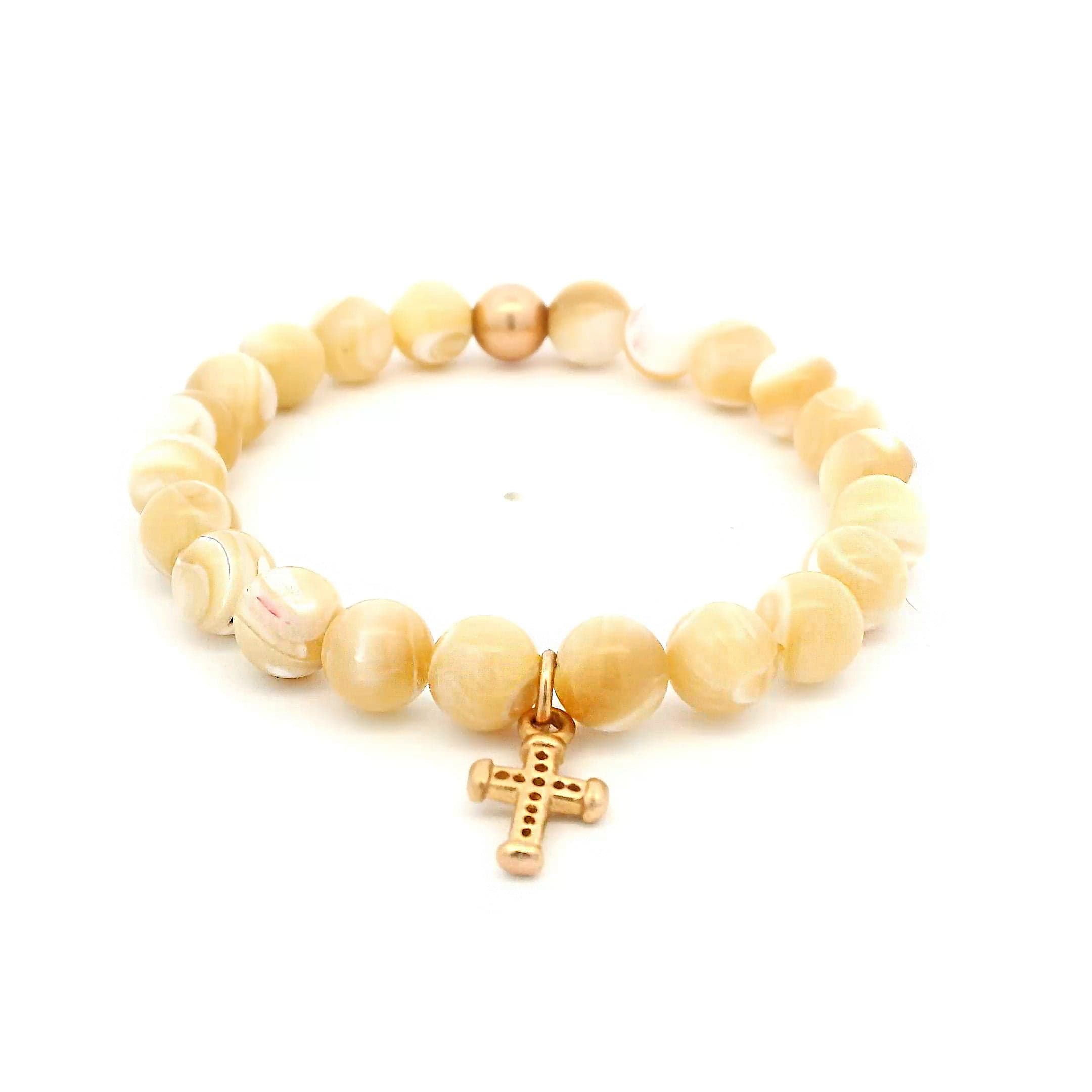 Necklaces 7" 14K Solid Gold Signature Cross Golden Mother Of Pearl Beaded Bracelet